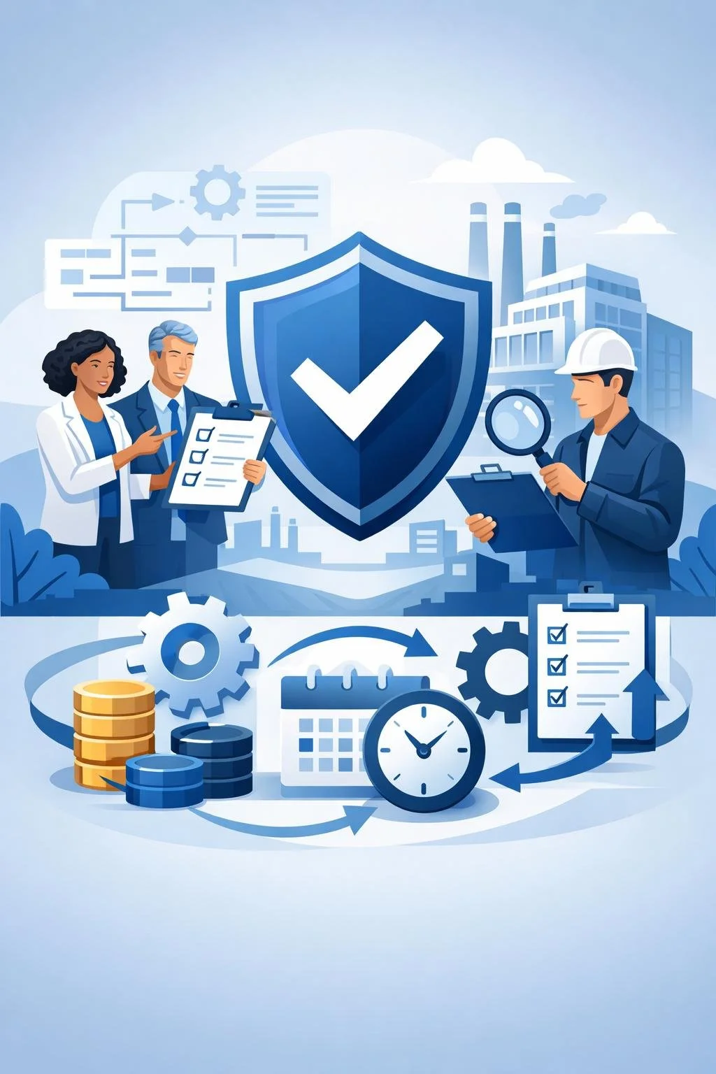 Digital illustration of consultants reviewing systems beside a shield and process elements representing ISO certification costs and structured compliance planning.