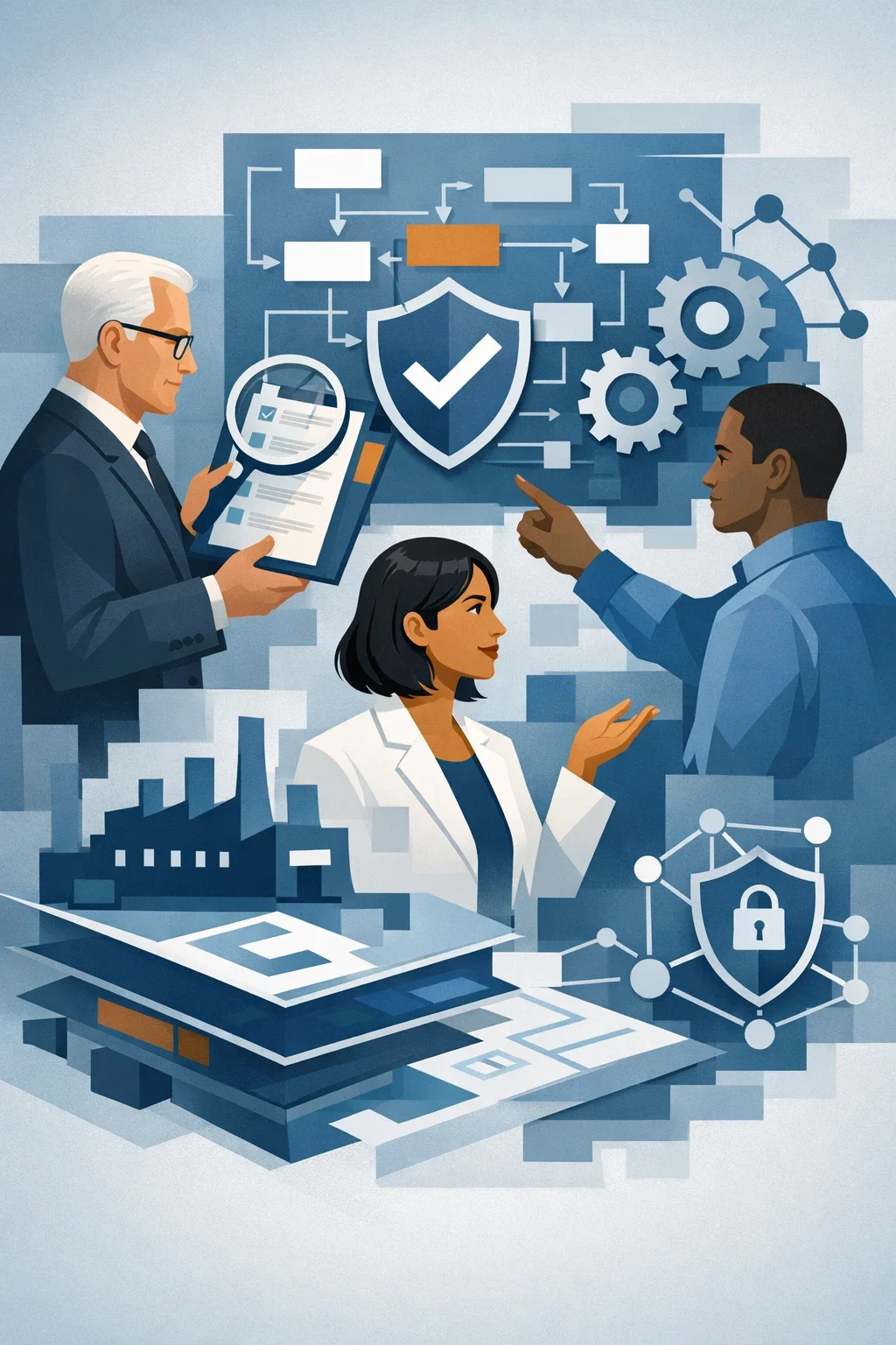 Digital illustration of consultants reviewing a structured AI governance workflow with shield validation symbol representing ISO 42001 certification body audit and AI management system verification.