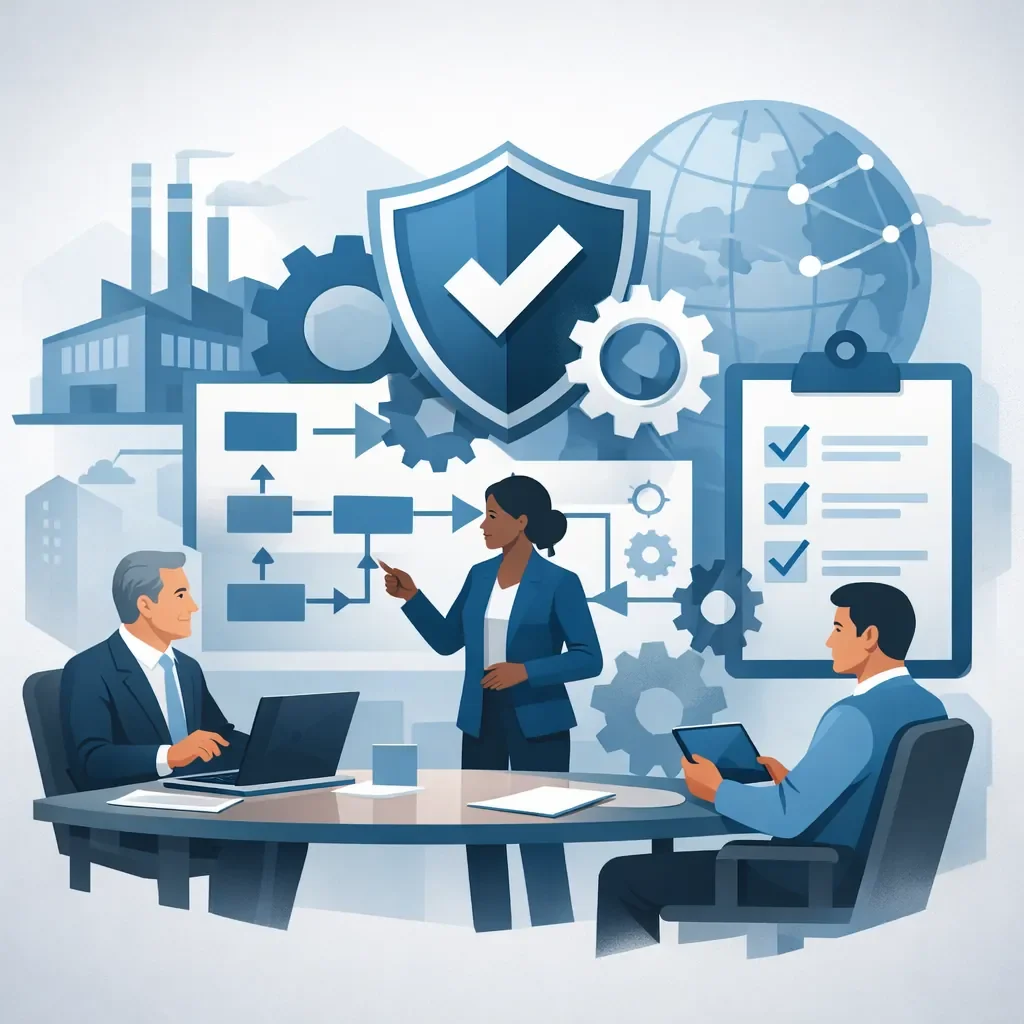 Digital illustration of diverse consultants reviewing structured process diagrams, shield validation symbol, and systems workflow representing ISO consulting company services.