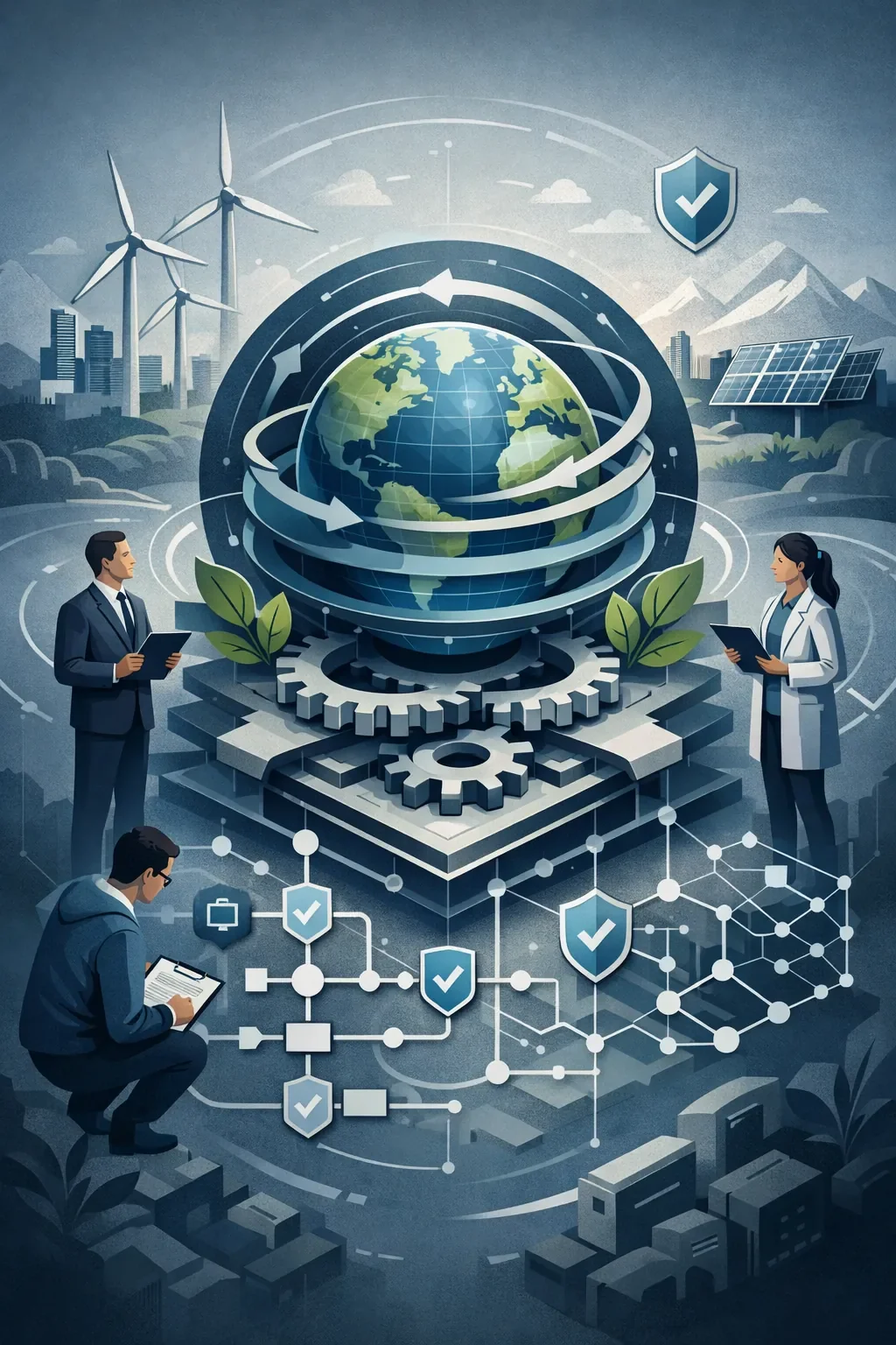 Structured sustainability management system with interconnected layers, environmental flows, and operational control architecture in a clean abstract framework