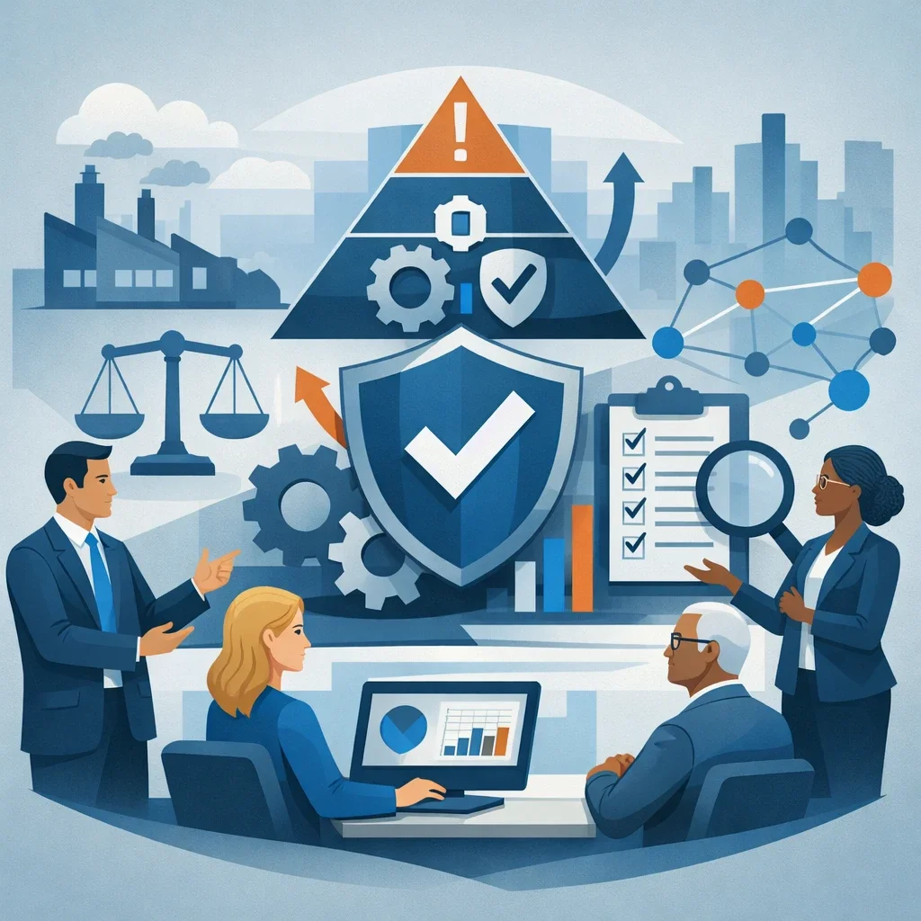 Digital illustration of professionals evaluating enterprise risk management consulting using shields, process gears, and network risk controls in a structured business setting.