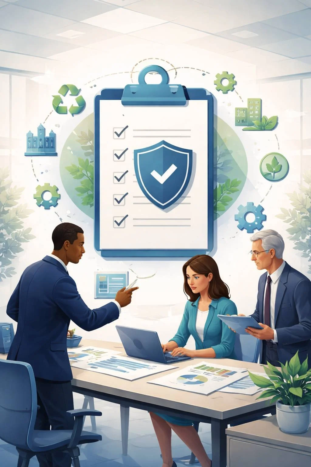 Digital illustration of consultants reviewing an environmental management checklist with shield and system controls representing an ISO 14001 readiness assessment.