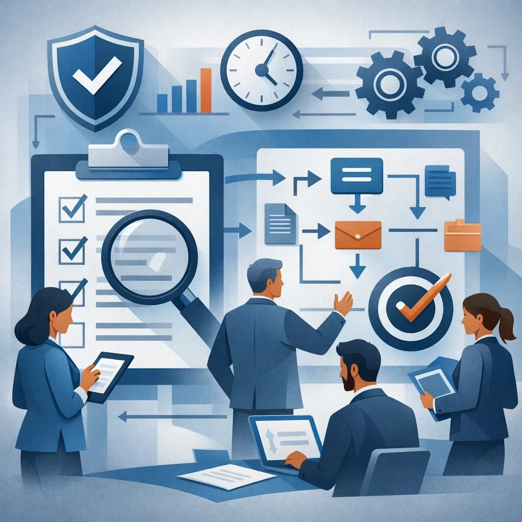 Digital illustration of professionals reviewing a structured process board with clipboard and magnifying glass representing internal audit services and management system evaluation.