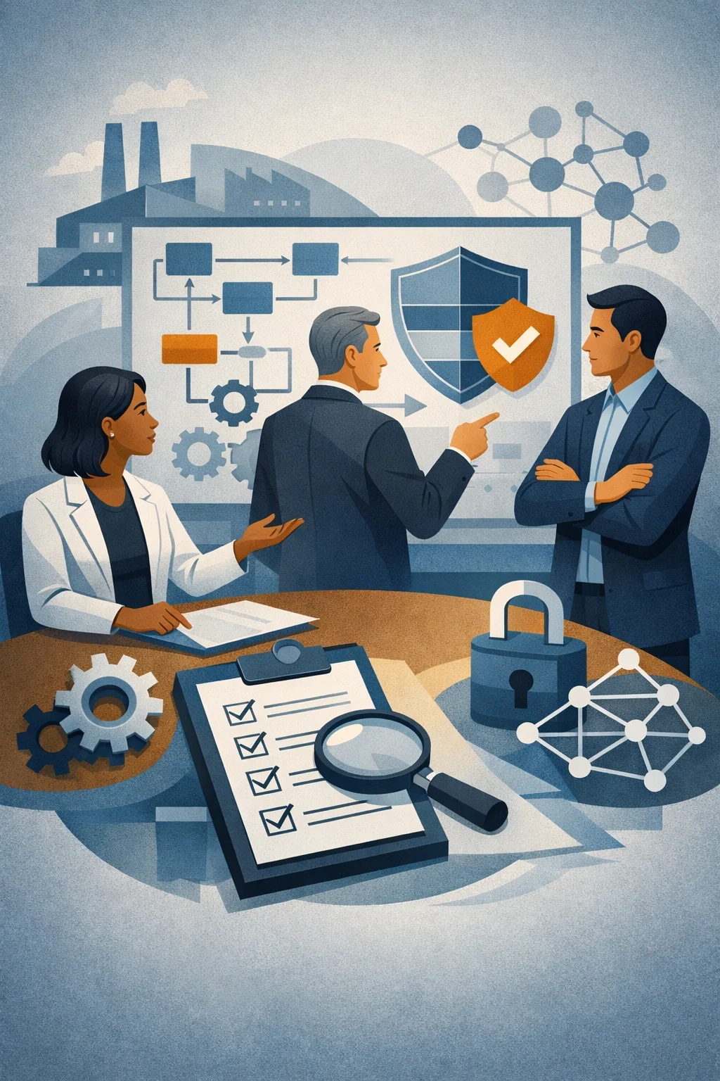 Digital illustration of consultants reviewing AI governance controls with shield protection, process flow diagrams, and network systems representing AI governance compliance oversight.