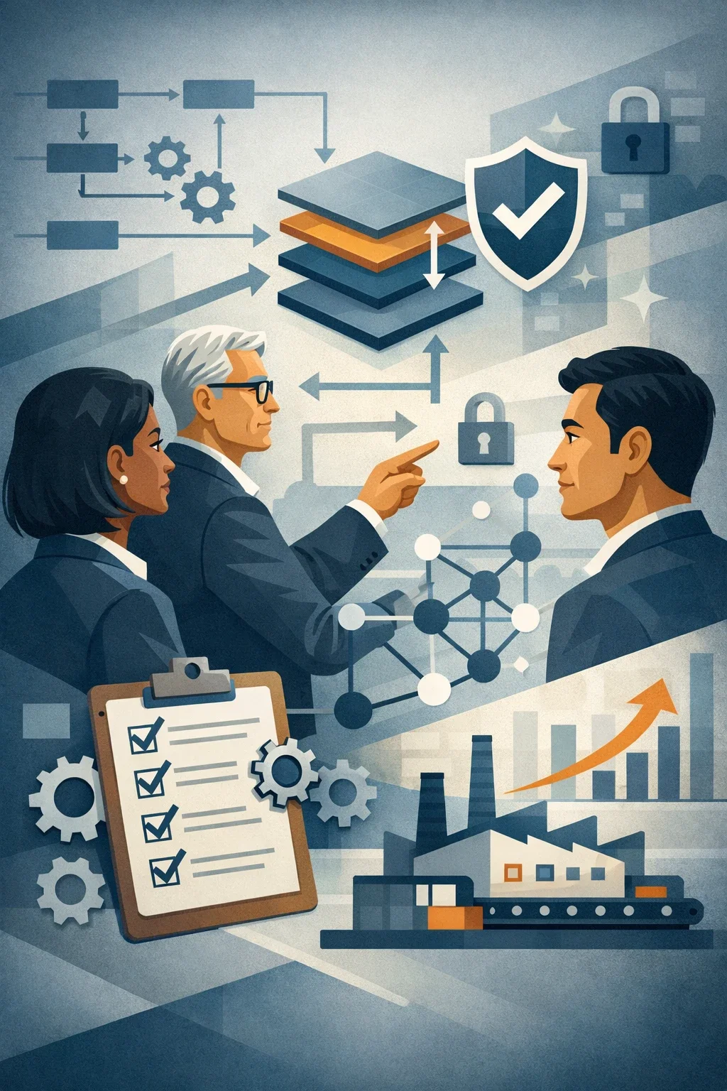 Digital illustration of professionals analyzing layered AI governance controls with shields, networks, and process flows representing ISO 42001 compliance and AI management systems.