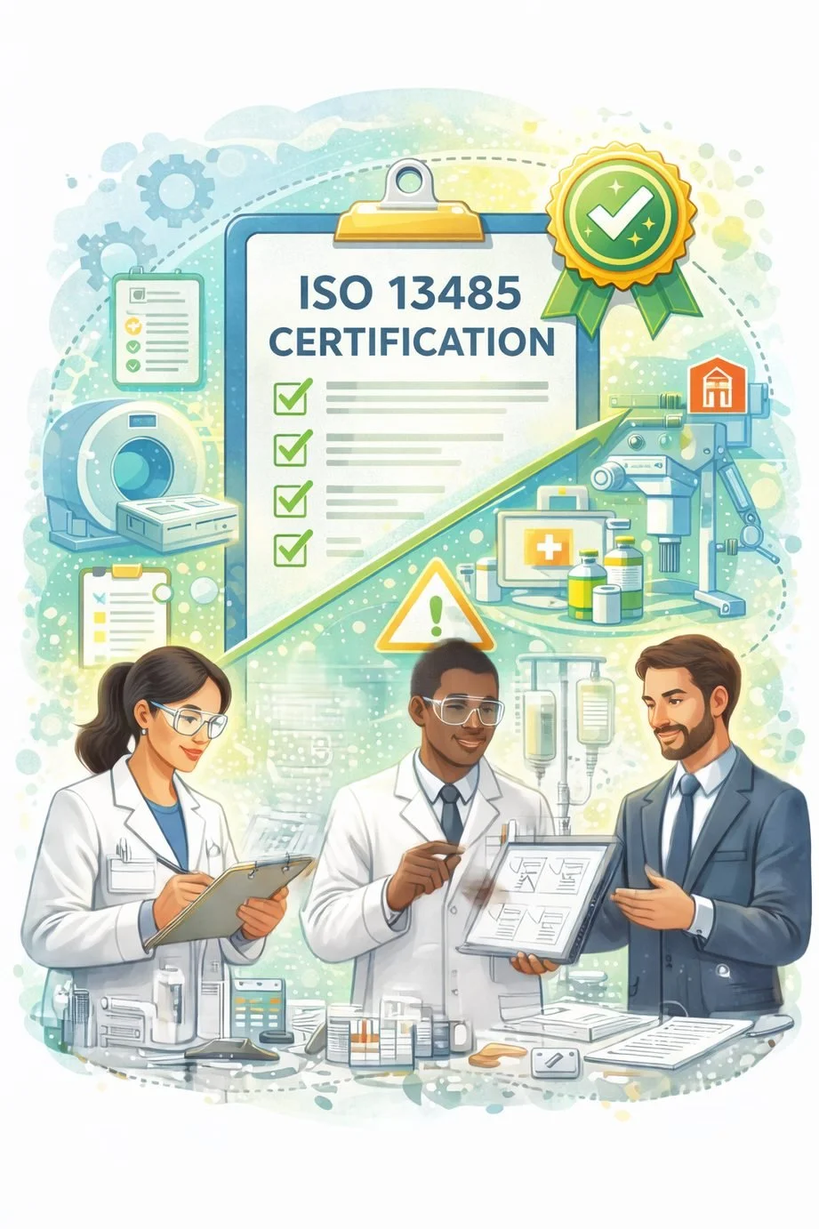 Illustration of medical device professionals reviewing quality system documentation with device components, process workflow steps, and certification badge representing ISO 13485 certification.