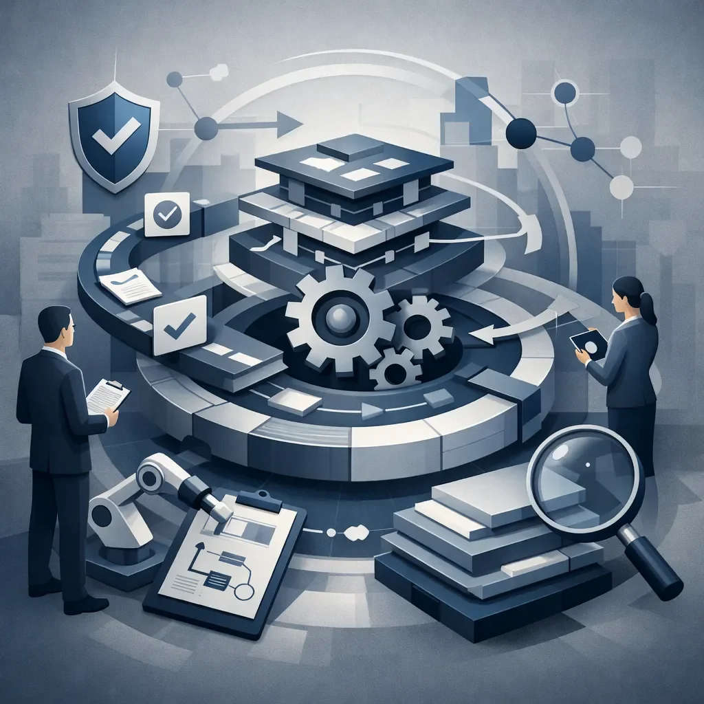 Structured digital illustration of layered business processes with interconnected systems, gears, and flow pathways representing operational control and workflow management.
