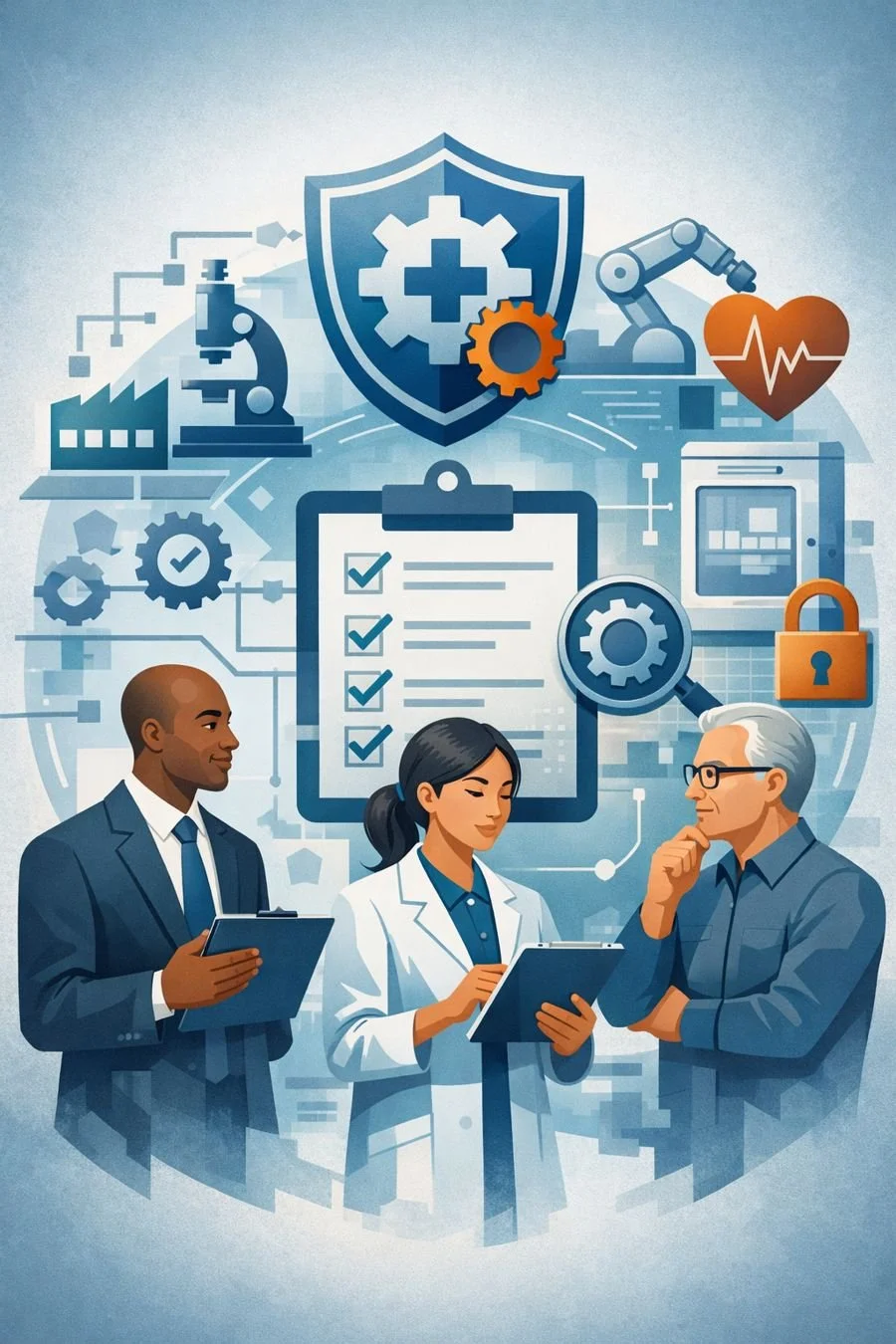 Digital illustration of diverse professionals reviewing quality checklists with medical device manufacturing symbols representing ISO 13485 training courses and medical device quality management systems.