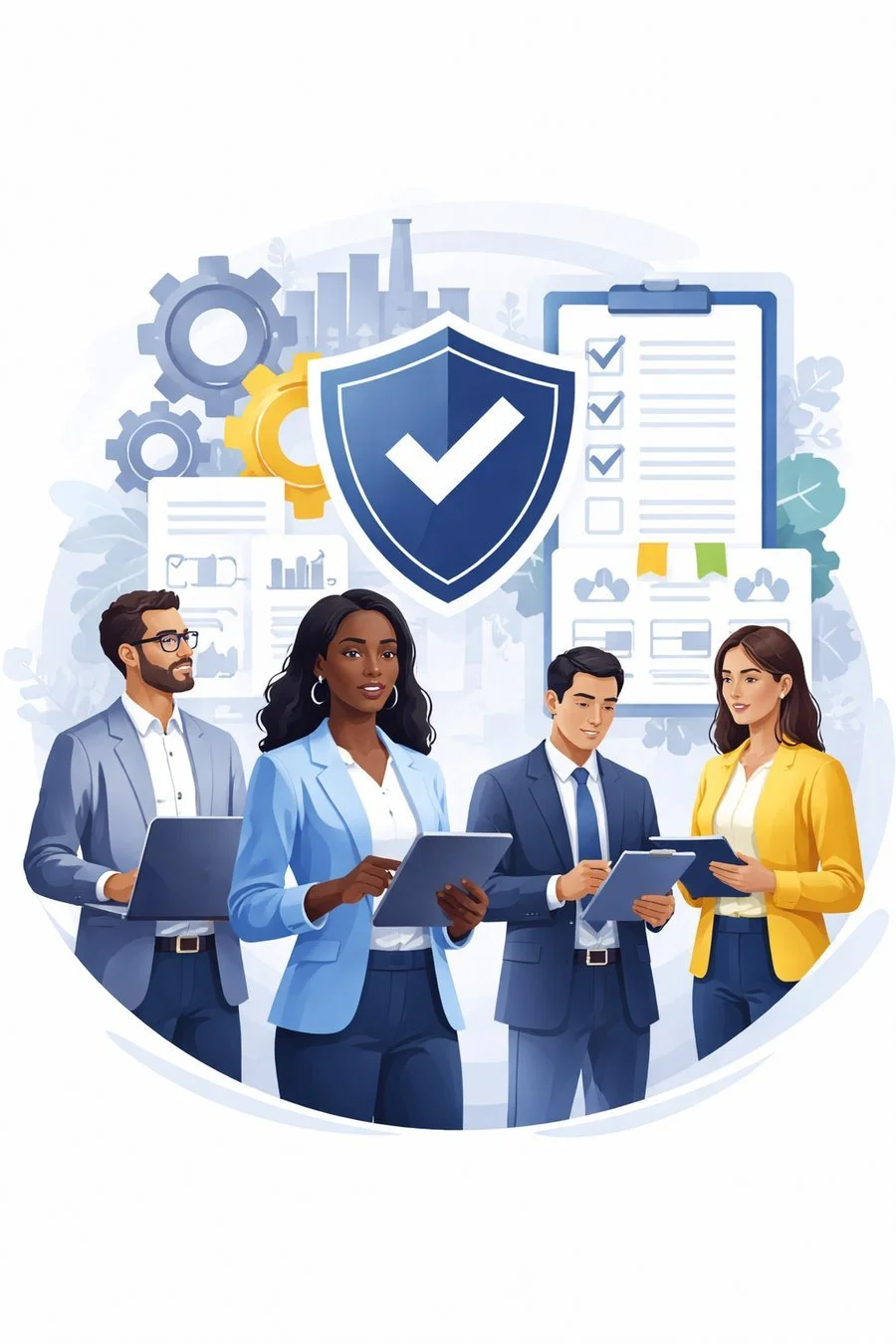 ISO 9001 certification services illustration showing diverse adult professionals reviewing quality management documents with shield and checkmark symbolizing structured compliance and audit readiness