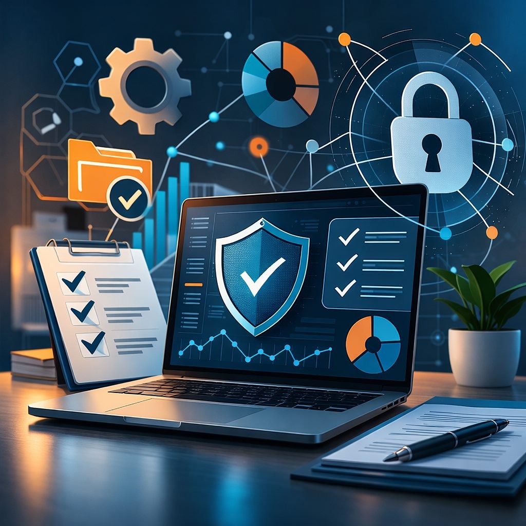 Digital illustration of a cybersecurity dashboard with shield, lock, network nodes, and checklist symbols representing ISO 27001 compliance tools and ISMS governance.