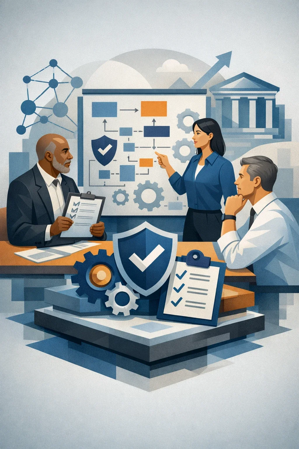 Digital illustration of consultants reviewing a structured manufacturing process diagram with shield and gears symbolizing GMP compliance consulting and regulated manufacturing systems.