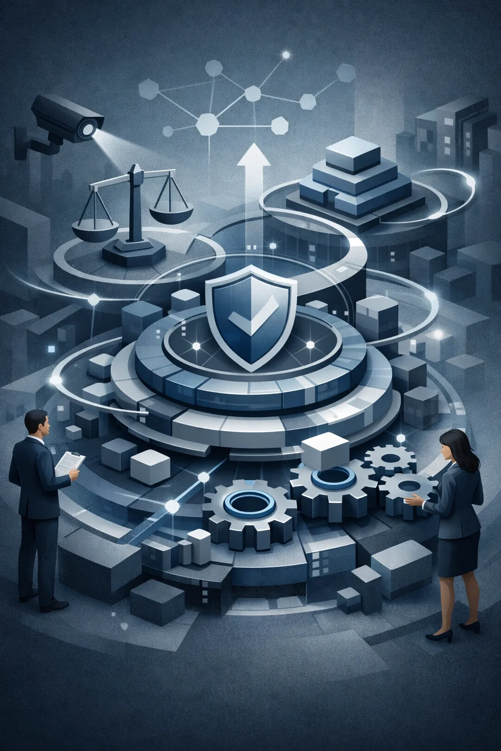 Layered risk management system with central shield, interconnected controls, gears, and network structures showing governance and protection architecture