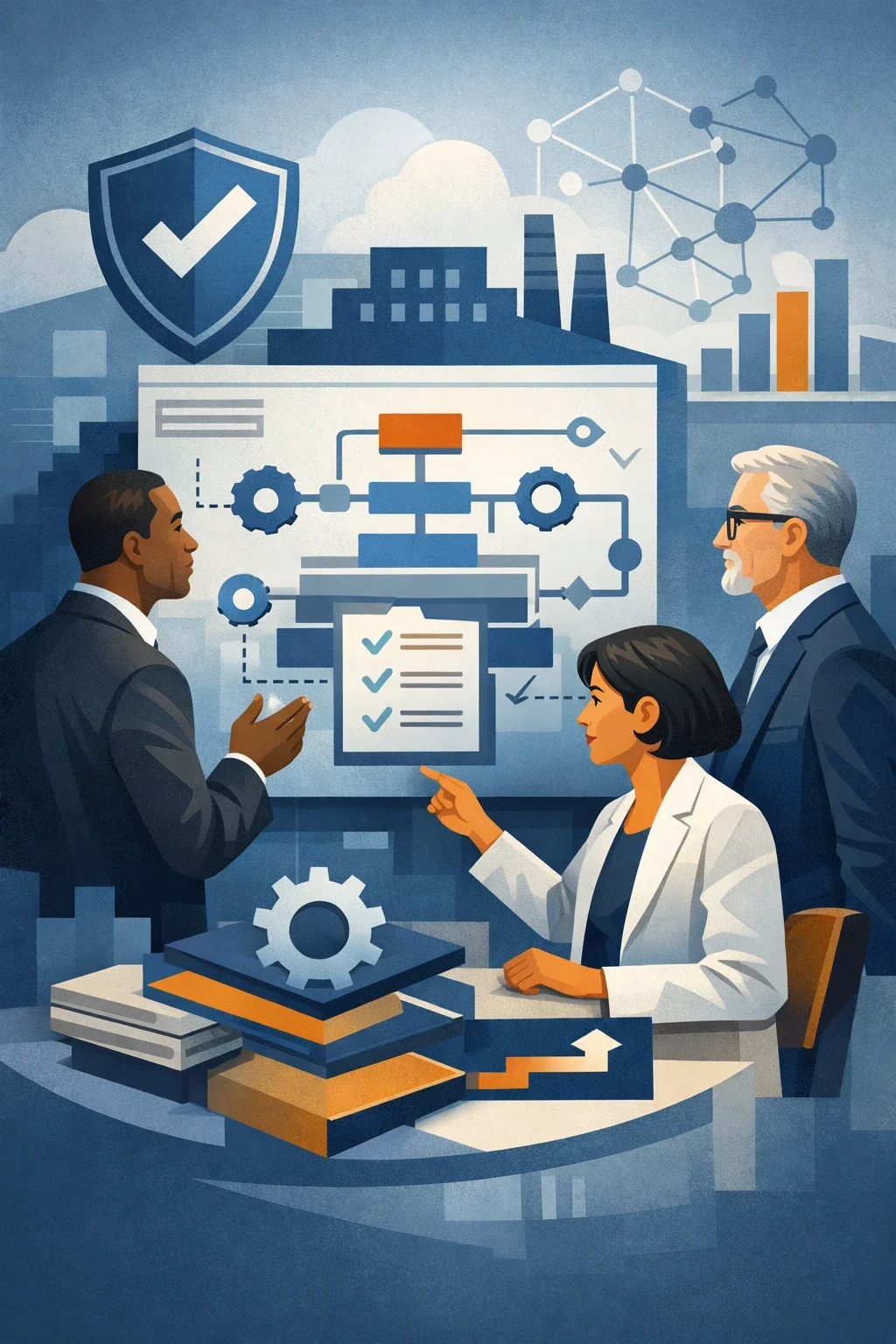 Digital illustration of consultants reviewing structured AI governance controls with system diagrams, shield validation symbol, and network nodes representing ISO 42001 consulting and AI management system oversight.