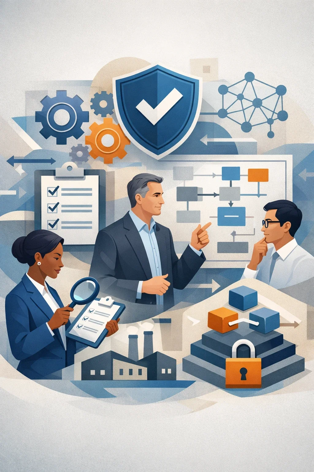 Digital illustration of professionals analyzing operational systems with shields, gears, and flow diagrams representing High Reliability Organization governance and risk management.