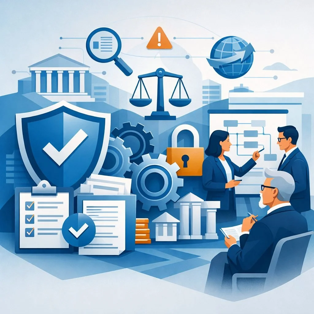 Digital illustration of structured governance symbols including shield, gears, checklist, and professionals collaborating to represent regulatory compliance consulting systems.