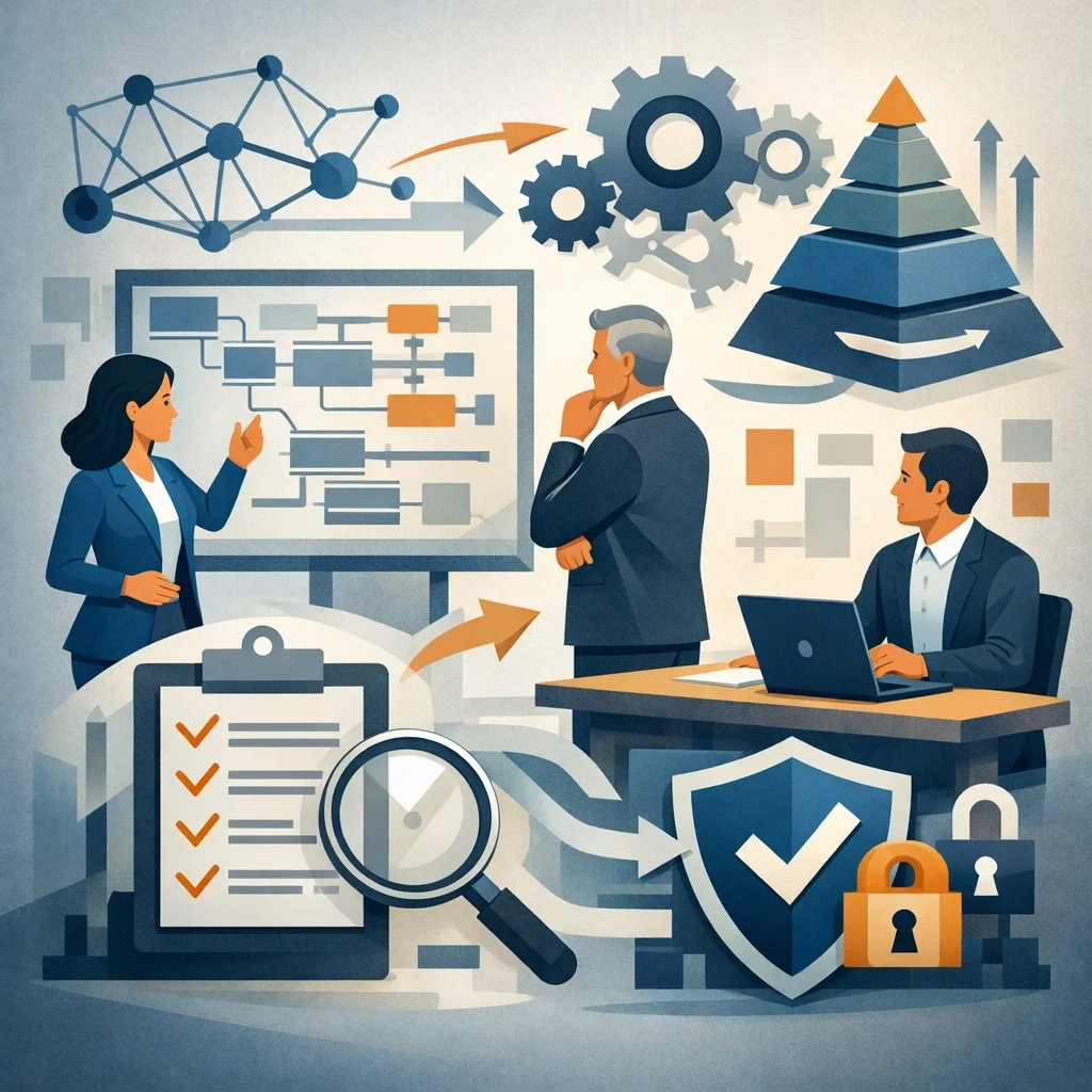 Digital illustration of consultants analyzing structured business systems with flow diagrams, shield validation symbols, and process governance elements representing what a consulting firm does.