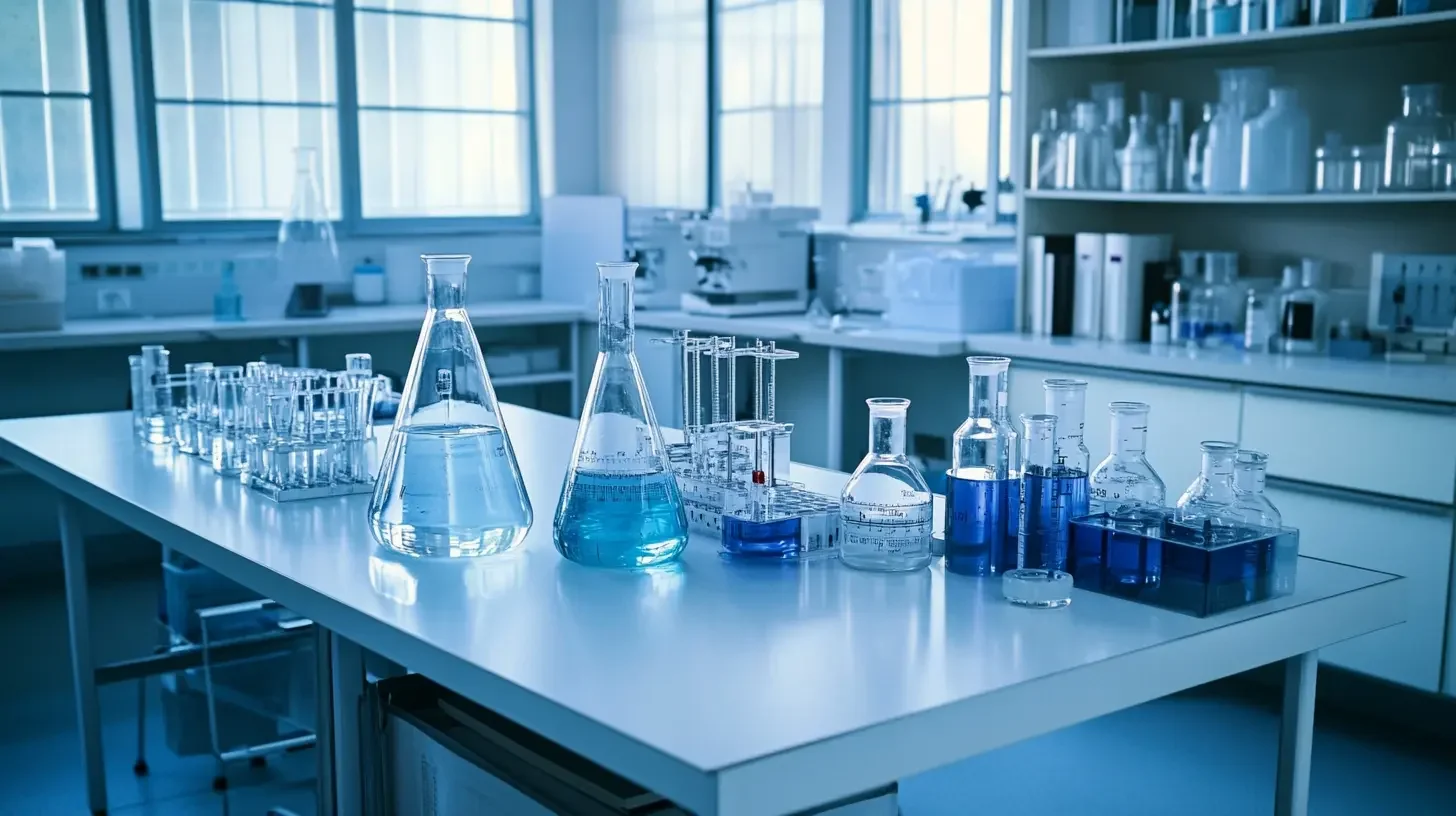 Clean metrology laboratory interior with precision glassware and testing equipment on white benchtops, representing accreditation and quality management systems for laboratories and testing organizations