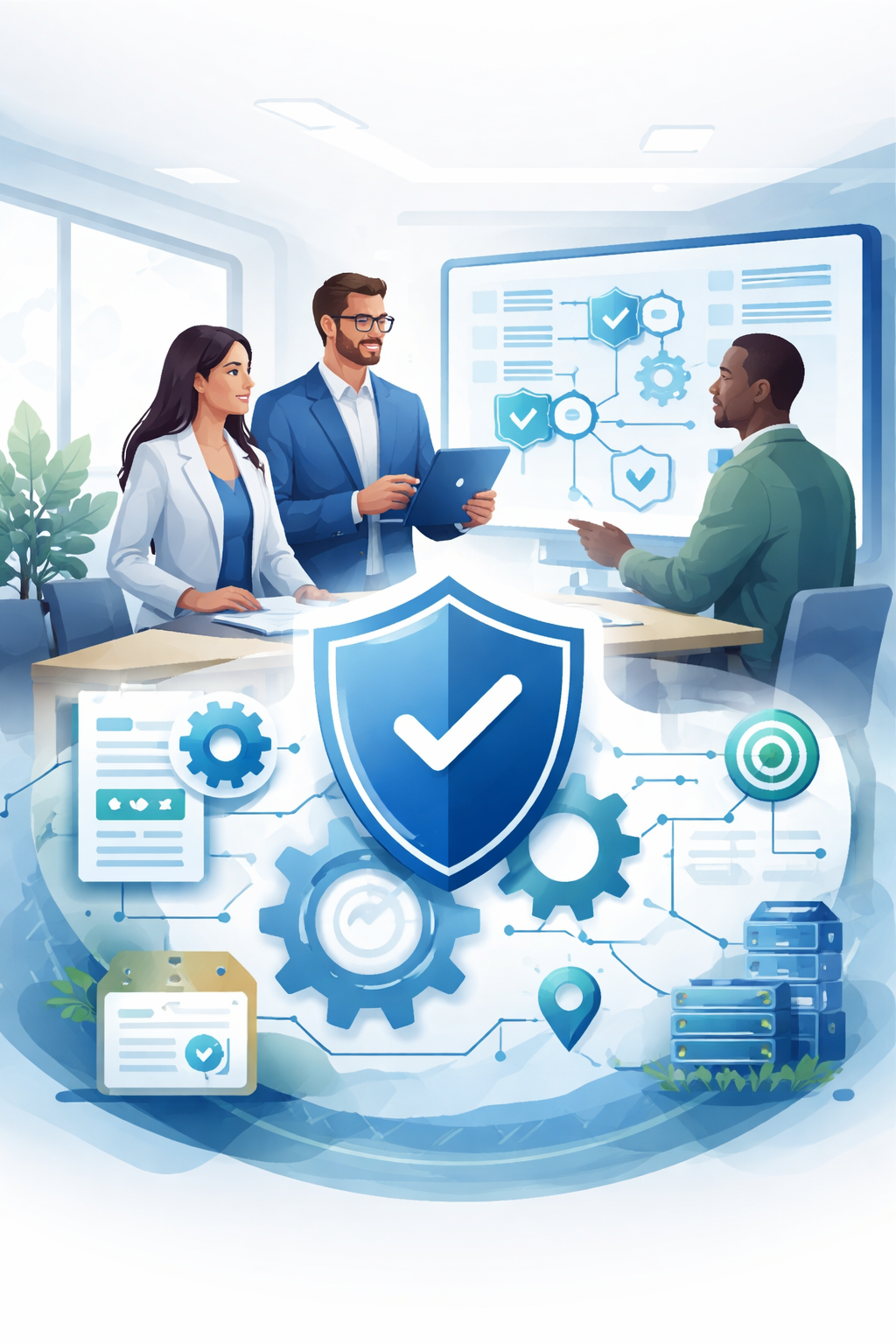Digital illustration of professionals planning a business continuity system with shield, gears, and network controls representing ISO 22301 consultant BCMS resilience strategy.