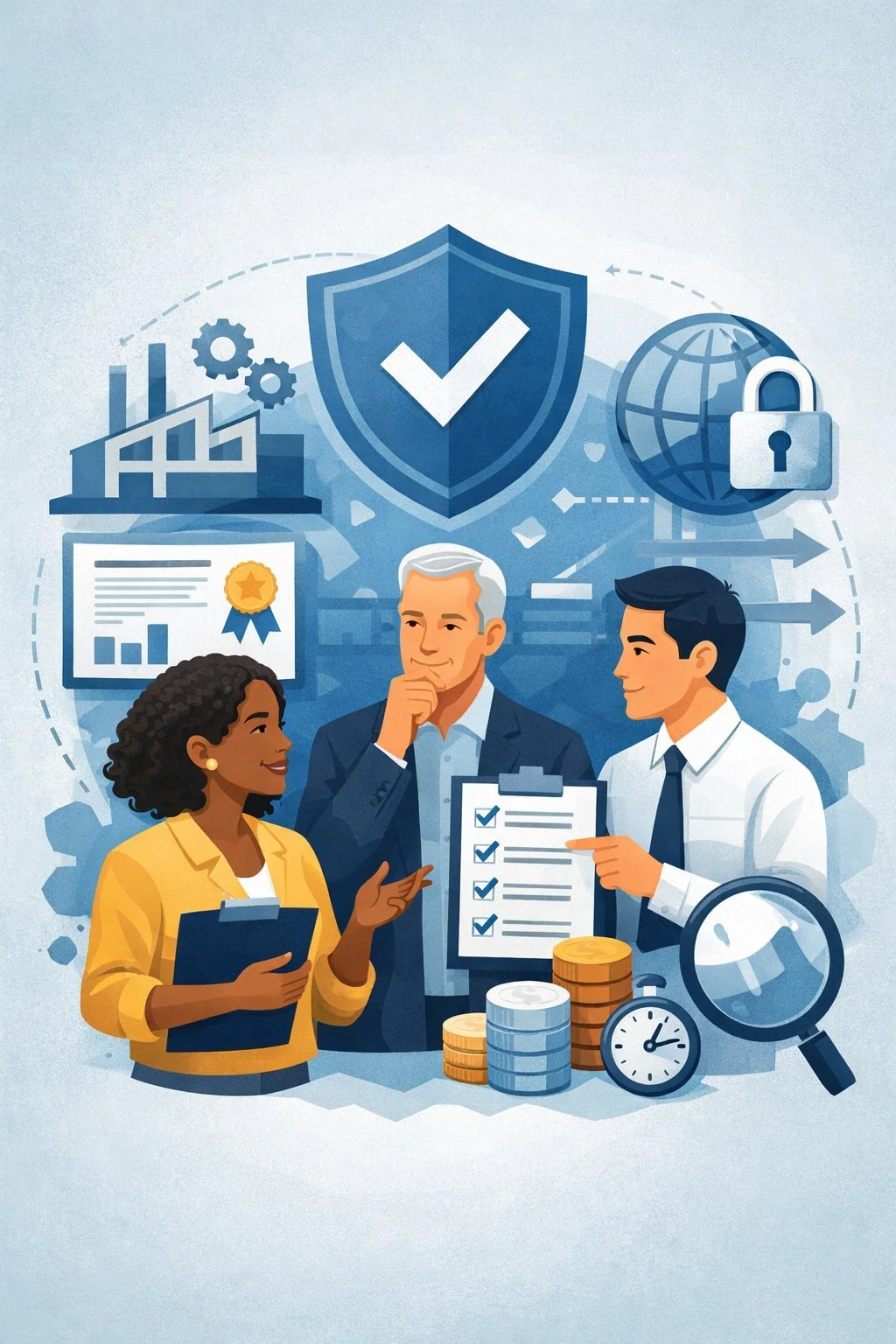 Professional illustrated scene of diverse business professionals reviewing ISO certification audit checklist with shield approval symbol, coins, magnifying glass, and compliance icons representing ISO certification fees and audit costs.