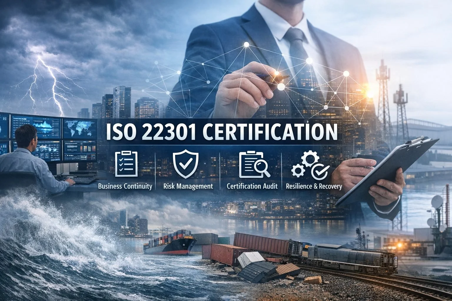 Corporate resilience concept showing professionals monitoring crisis scenarios with storm imagery, supply chain disruption visuals, and audit planning elements symbolizing ISO 22301 certification and structured business continuity management.