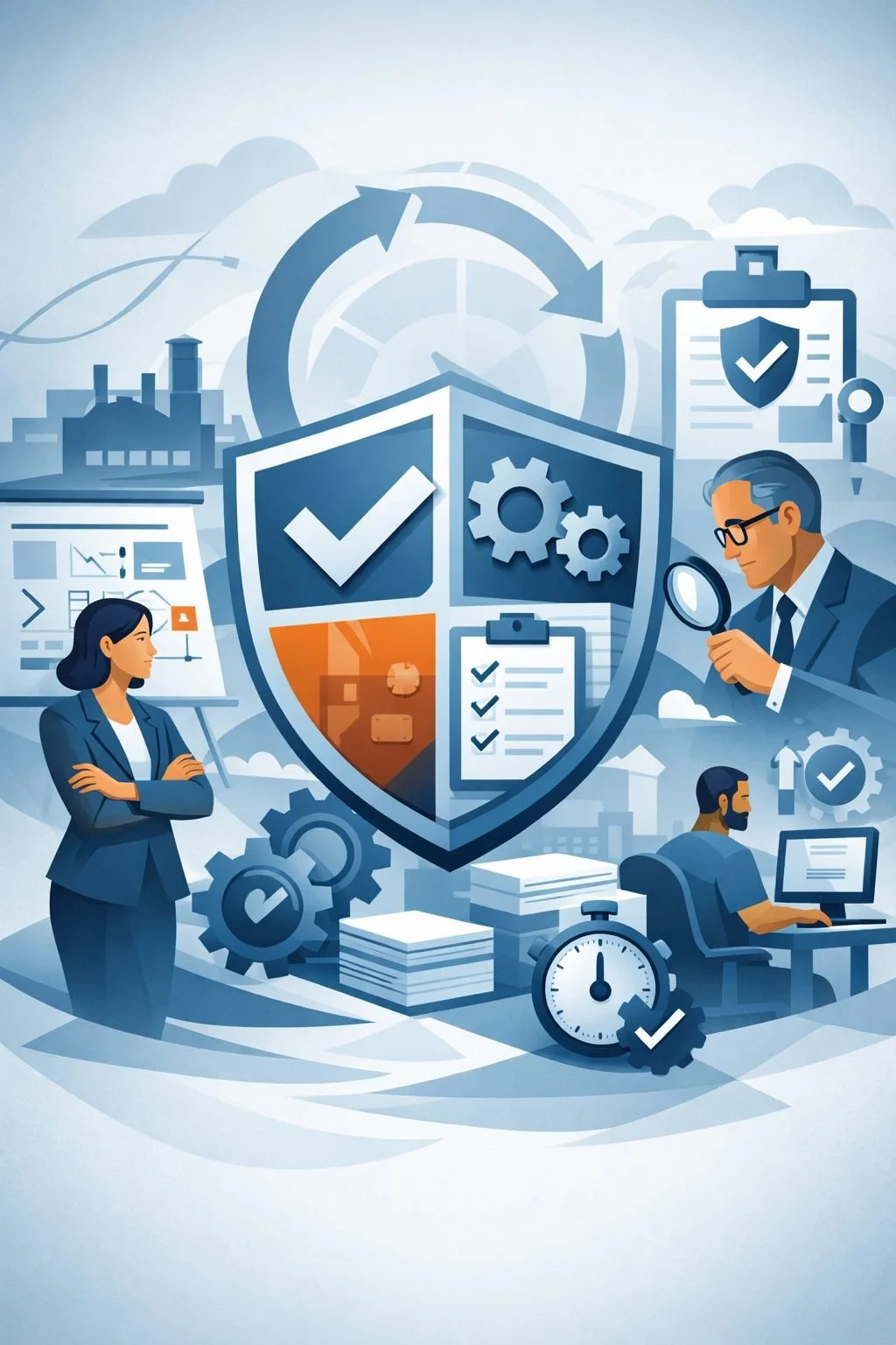 Digital illustration of a shield, circular audit arrows, gears, and professionals reviewing processes symbolizing ISO 9001 certification renewal and quality system oversight.