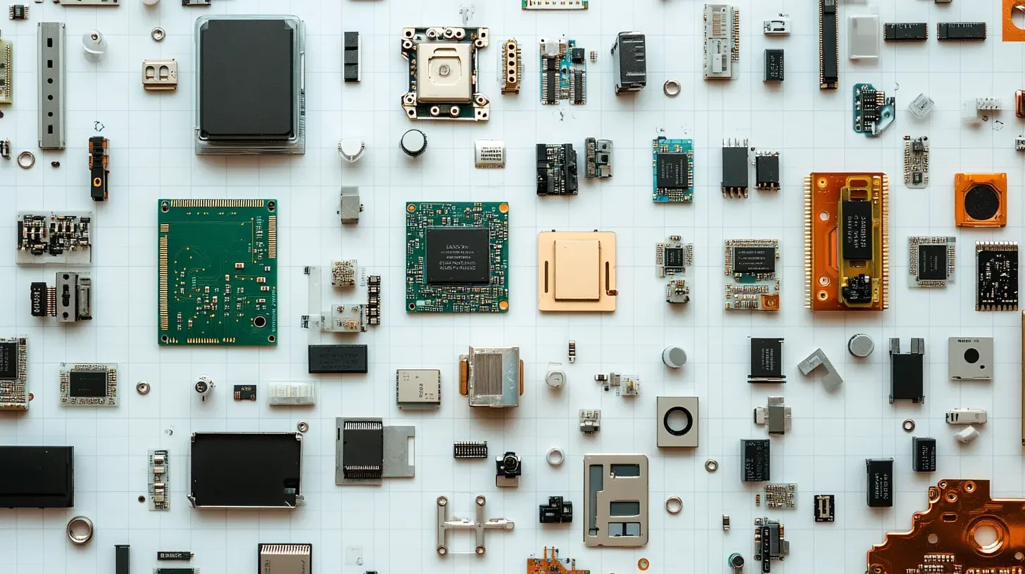Disassembled consumer electronics components methodically arranged on a white grid surface, representing environmental and quality management systems for recycling and electronics processing organizations