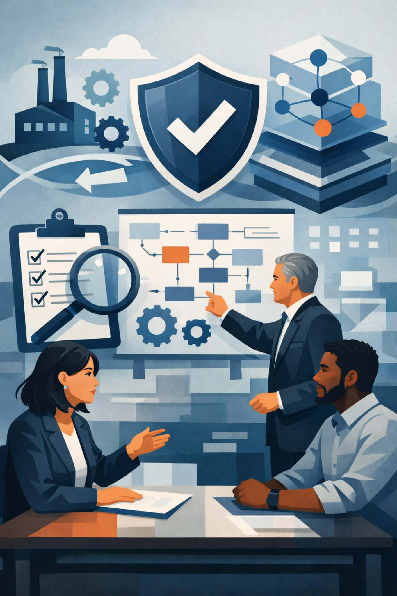 Digital illustration of a cyber incident response process showing professionals analyzing workflows, with shield, network nodes, and layered controls representing structured cybersecurity response systems.