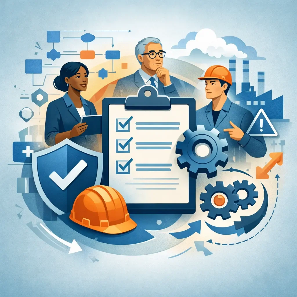 Digital illustration of professionals reviewing a structured safety management system with shield, checklist, gears, and factory elements representing ISO 45001 OHSMS implementation.