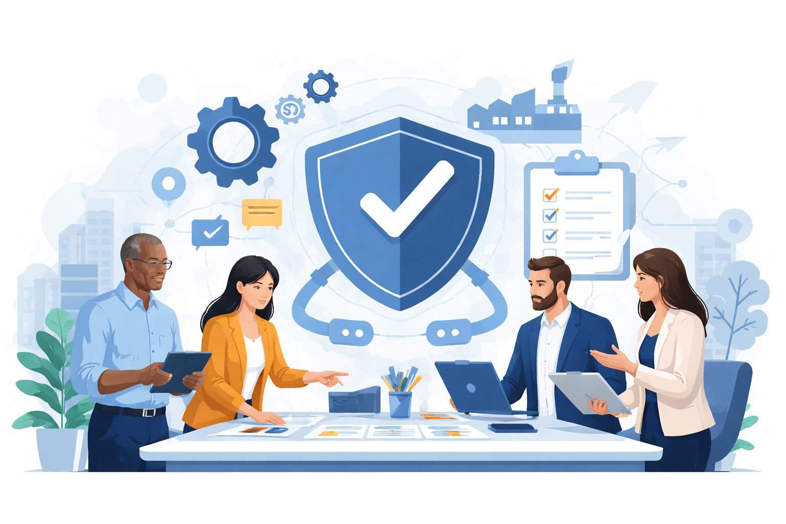 A diverse group of four professionals having a meeting in a modern office, with cybersecurity and data protection icons in the background, including a shield with a checkmark.