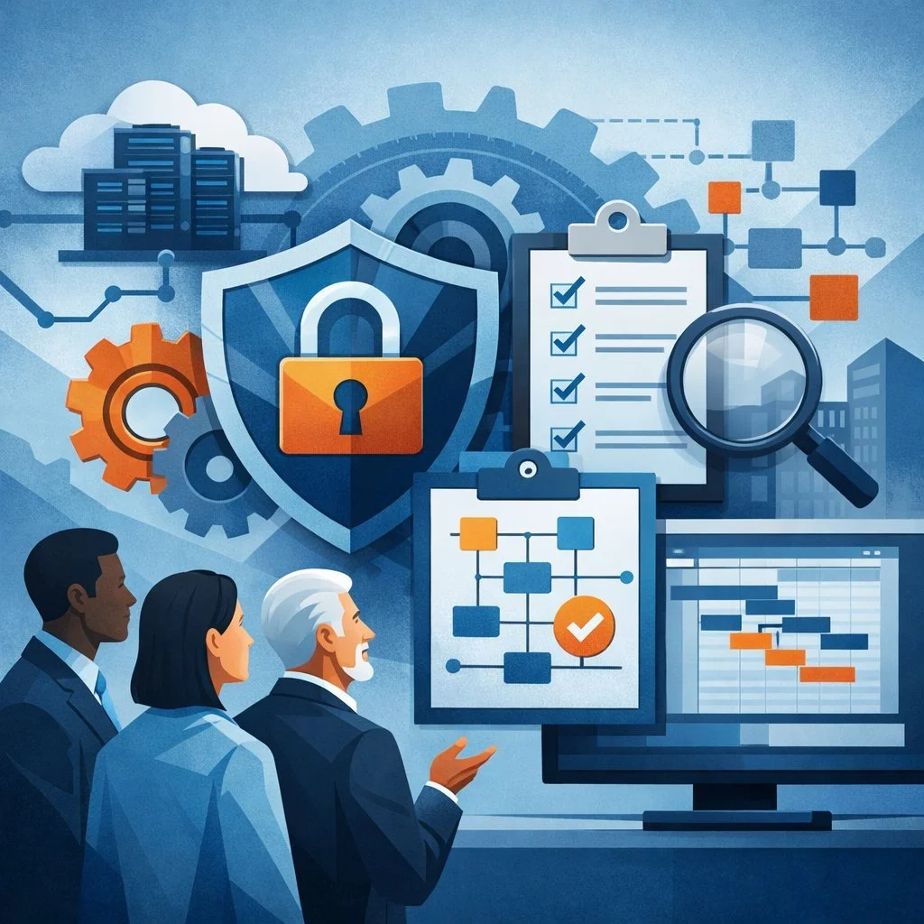 Digital illustration of structured security shield, workflow diagrams, and professionals reviewing controls representing ISO 27001 project management and ISMS implementation planning.