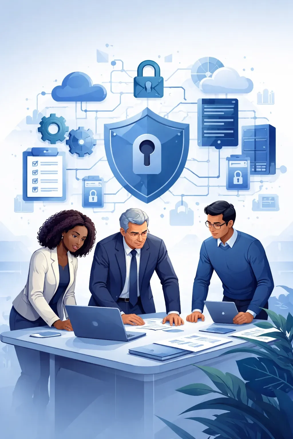 Digital illustration of enterprise IT risk management showing professionals reviewing systems with shield, lock, and network controls representing structured risk governance.