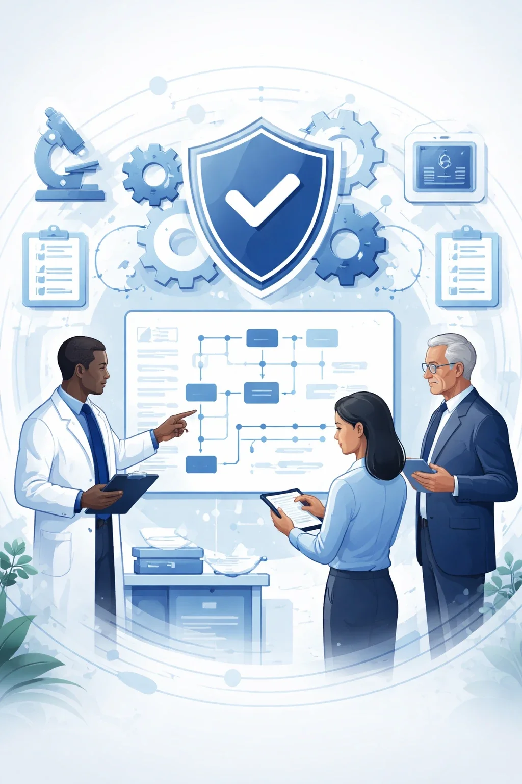 Digital illustration of medical device quality professionals reviewing a structured process board with shield and system controls representing an ISO 13485 medical device QMS.