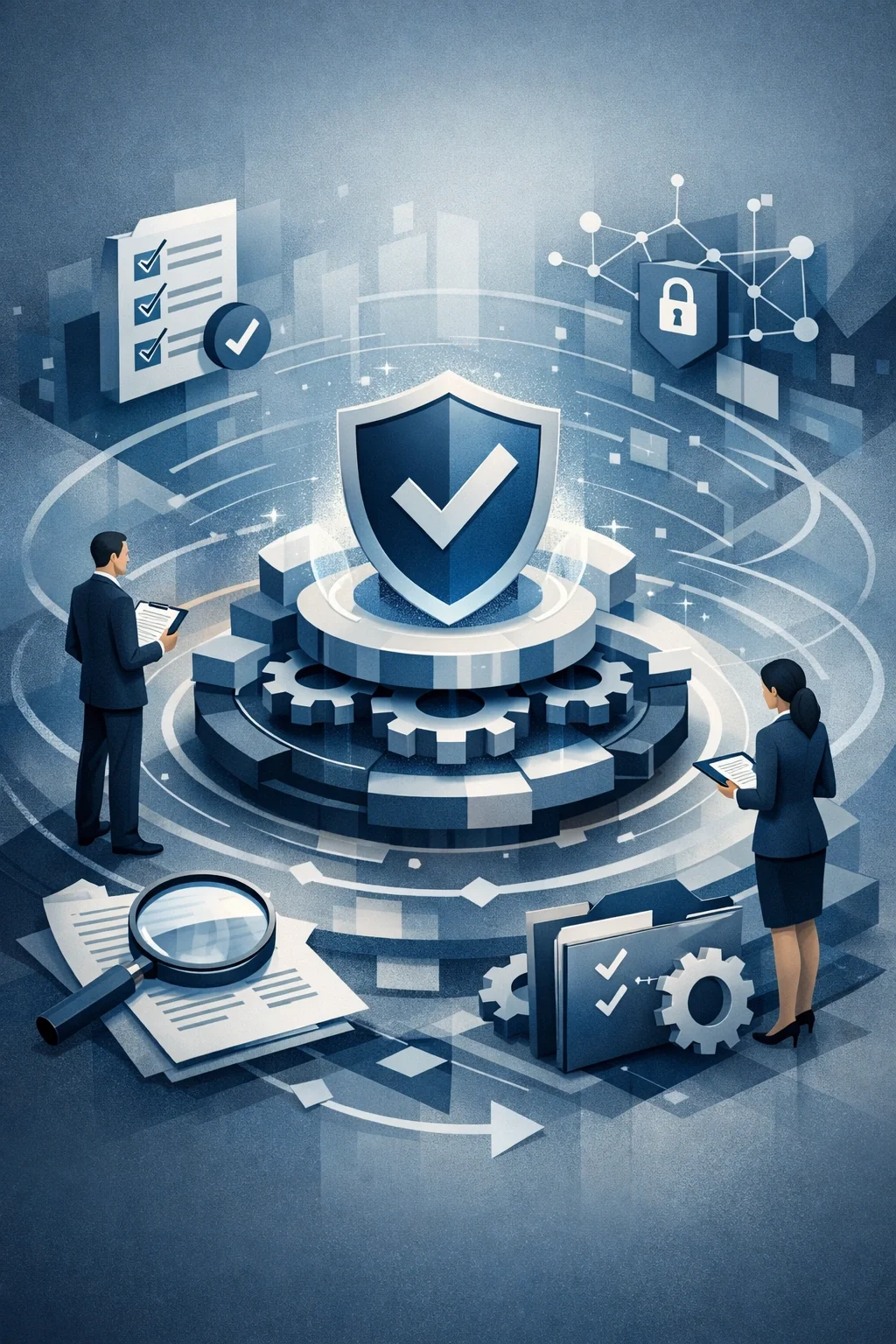 Structured compliance audit system with layered controls, central validation shield, gears, and professionals reviewing interconnected processes
