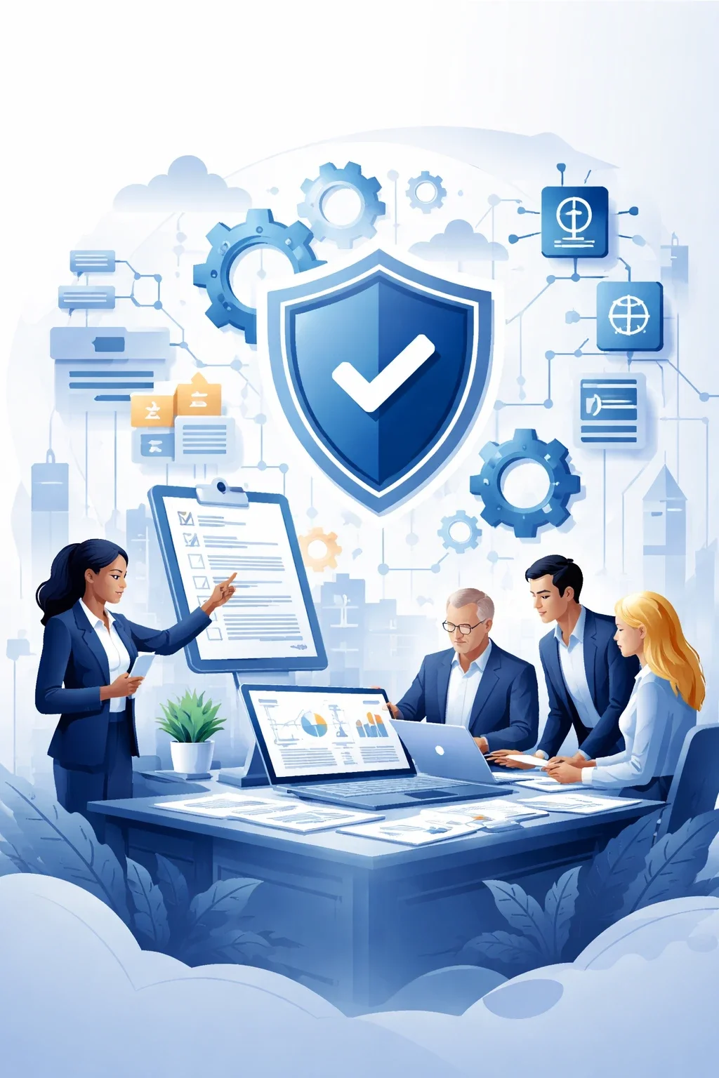 Digital illustration of professionals reviewing structured processes with shield, checklist, and system flow elements representing management systems and ISO certification consulting.