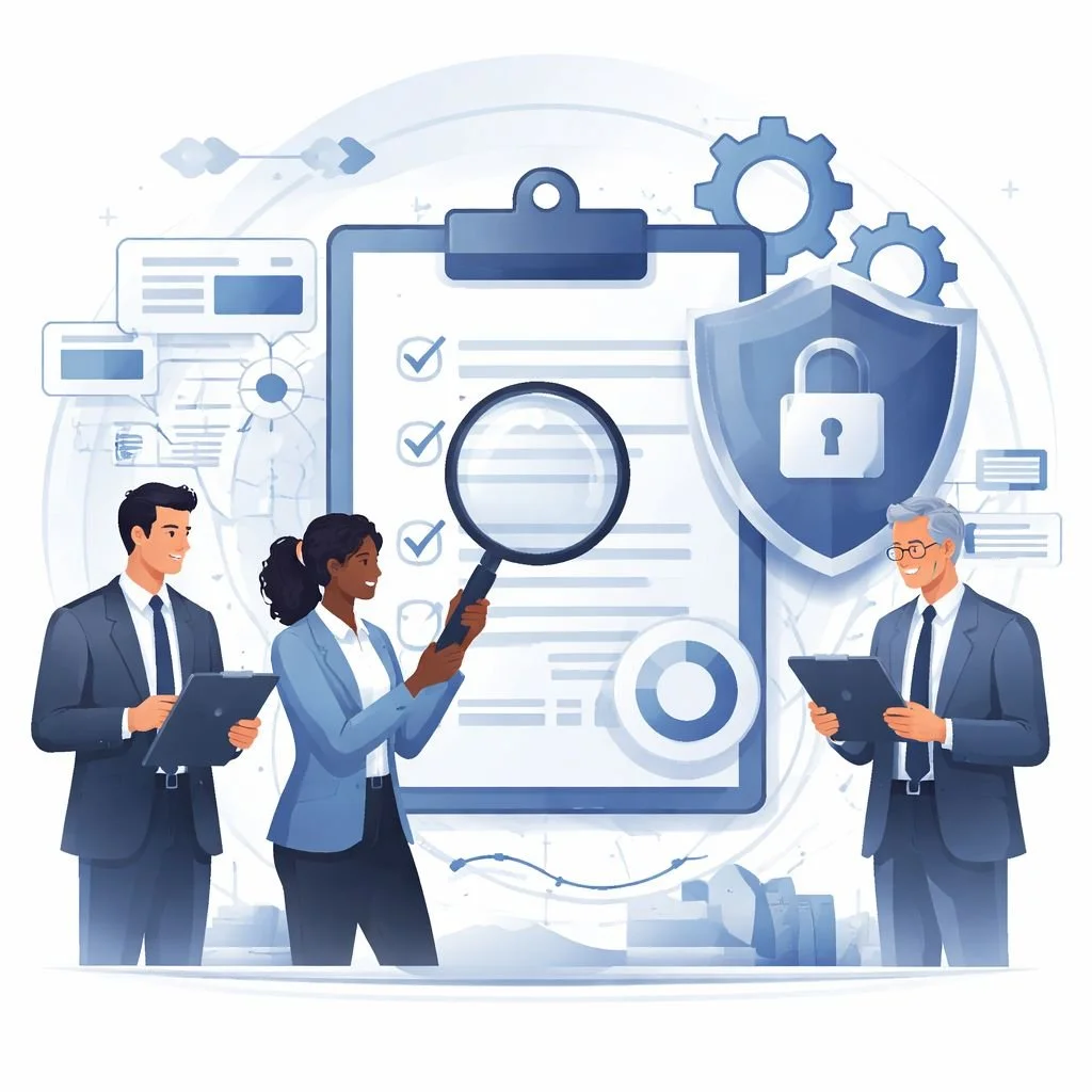 Digital illustration of professionals reviewing a clipboard and checklist with shield and lock symbols representing ISO 27001 internal auditor training and information security auditing.