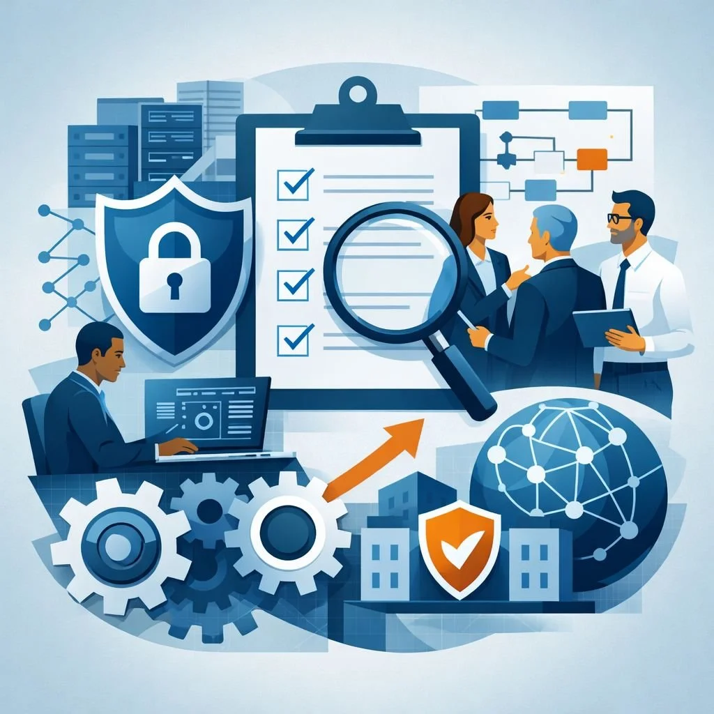 Digital illustration of professionals reviewing a security checklist with magnifying glass, shield, and network symbols representing ISO 27001 lead auditor training and information security auditing.