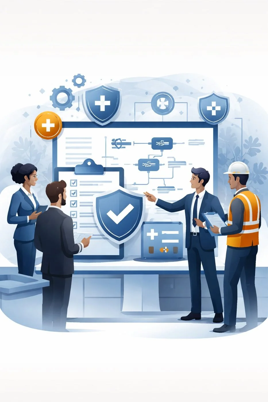 Digital illustration of professionals reviewing structured safety processes with shields and checklists representing ISO 45001 implementation services for occupational health and safety systems.