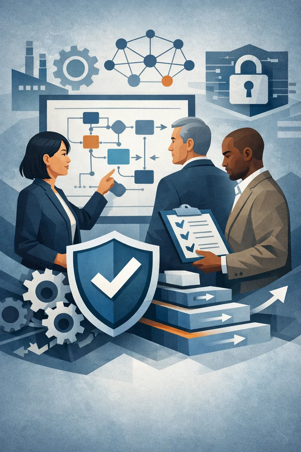 Digital illustration of professionals collaborating around a structured system diagram with shields, checklists, and networks representing enterprise management systems governance.