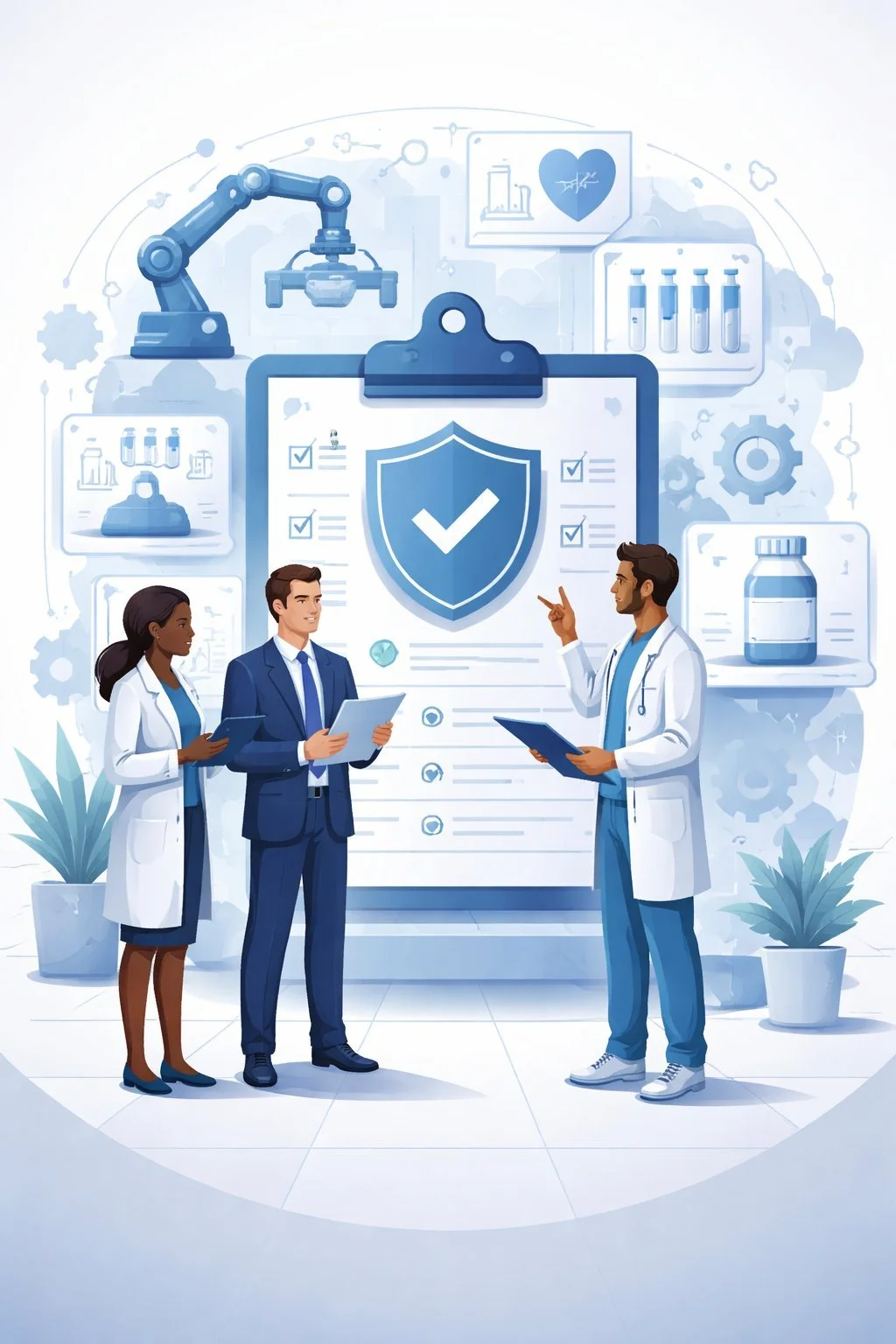 Digital illustration of professionals reviewing a structured clipboard and shield symbolizing medical device quality management systems and regulatory compliance controls.