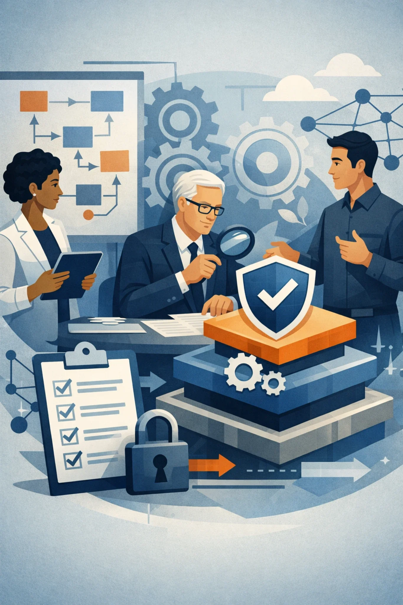 Digital illustration of professionals reviewing a layered risk management structure with shield, checklist, gears, and process flow representing an enterprise risk register.