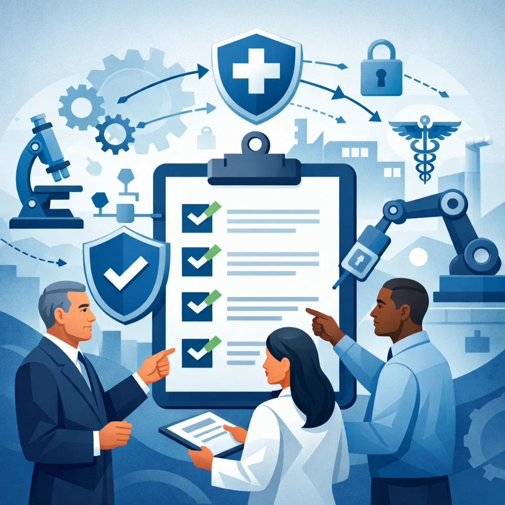 Digital illustration of a structured checklist, shield, gears, and medical device manufacturing symbols representing ISO 13485 requirements and a medical device quality management system.