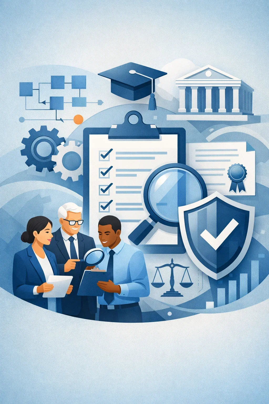 Digital illustration of auditors reviewing a structured checklist with magnifying glass, shield validation symbol, and process flow elements representing auditor qualifications and audit competency.