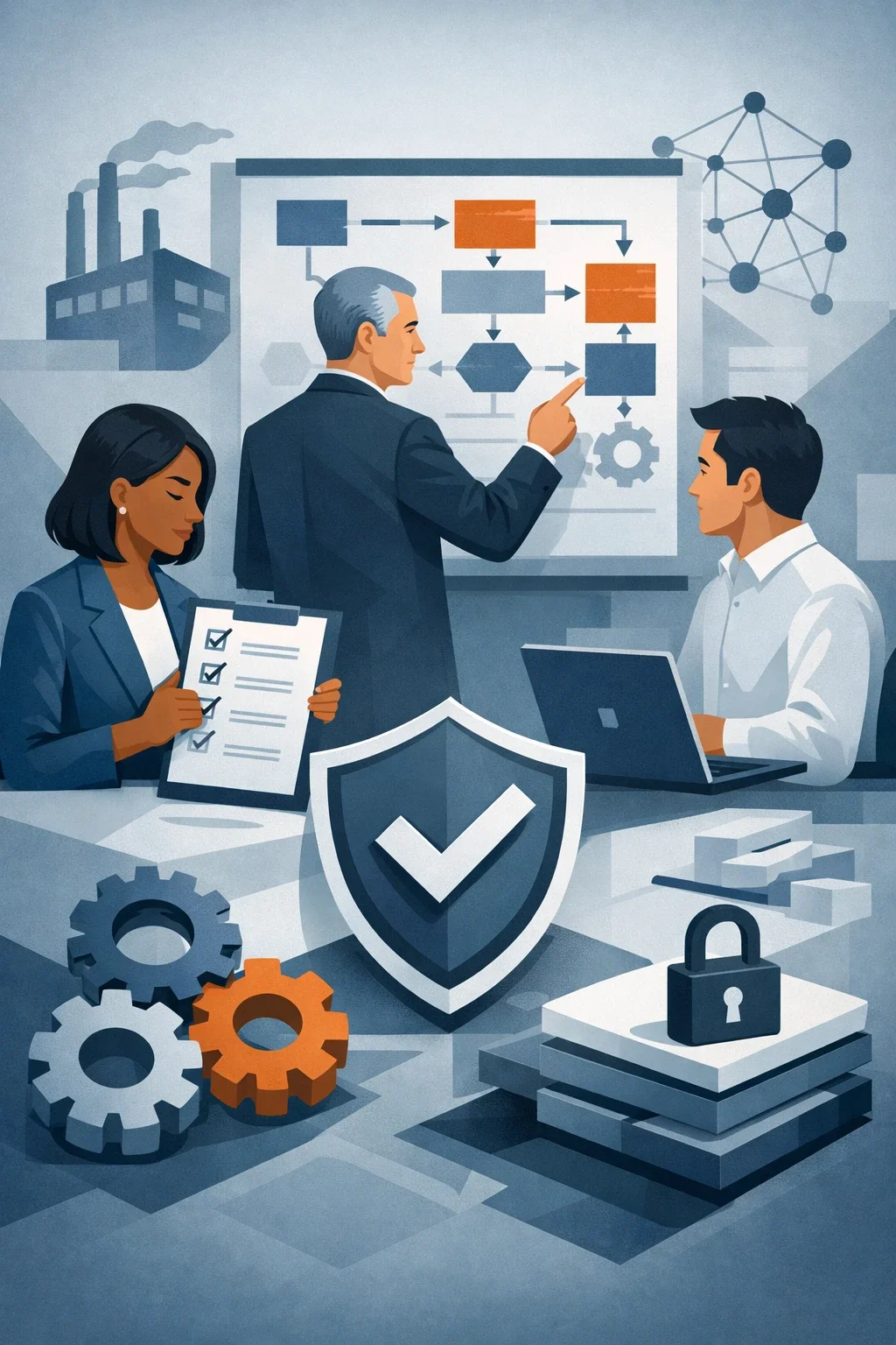 Digital illustration of consultants analyzing structured cyber risk quantification using flow diagrams, shield protection, and system controls.