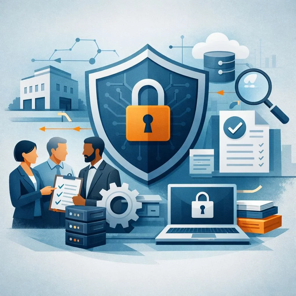 Digital illustration of cybersecurity governance for ISO 27001 for small businesses, featuring a shield with lock, network systems, checklist review, and structured security controls.