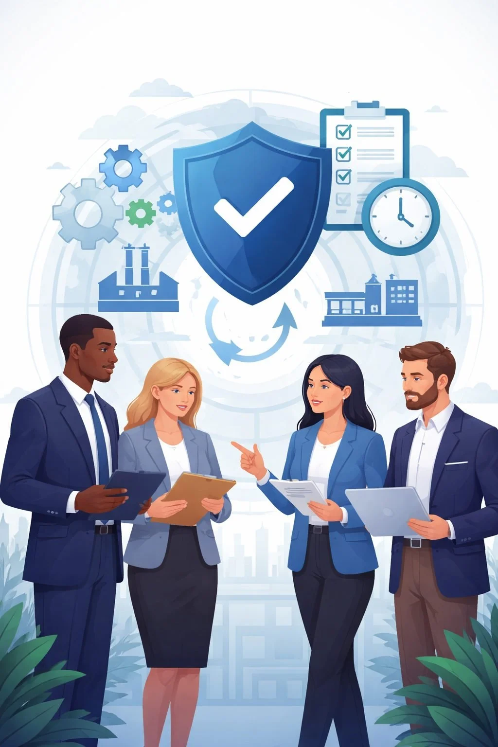 Illustrated business continuity management system certification concept showing diverse adult professionals reviewing continuity plans beneath a shield symbol with interconnected operational resilience icons in a modern corporate setting.