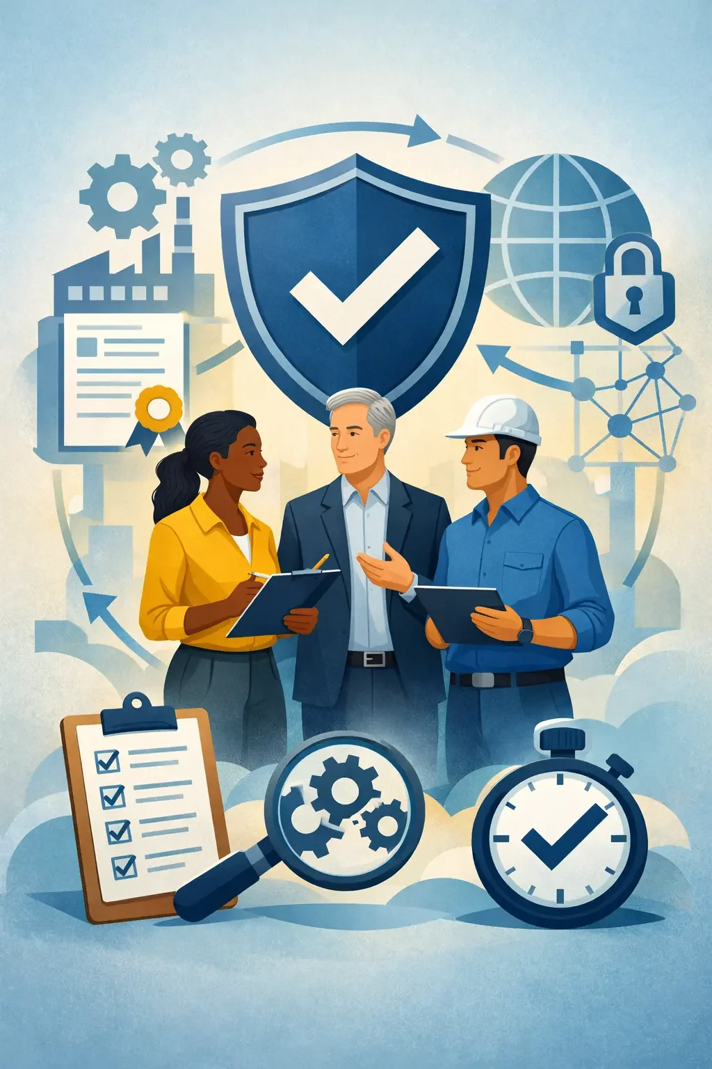 Professional illustration of diverse business professionals reviewing audit documents beneath a shield with checkmark symbolizing ISO certification agency approval and structured compliance systems.