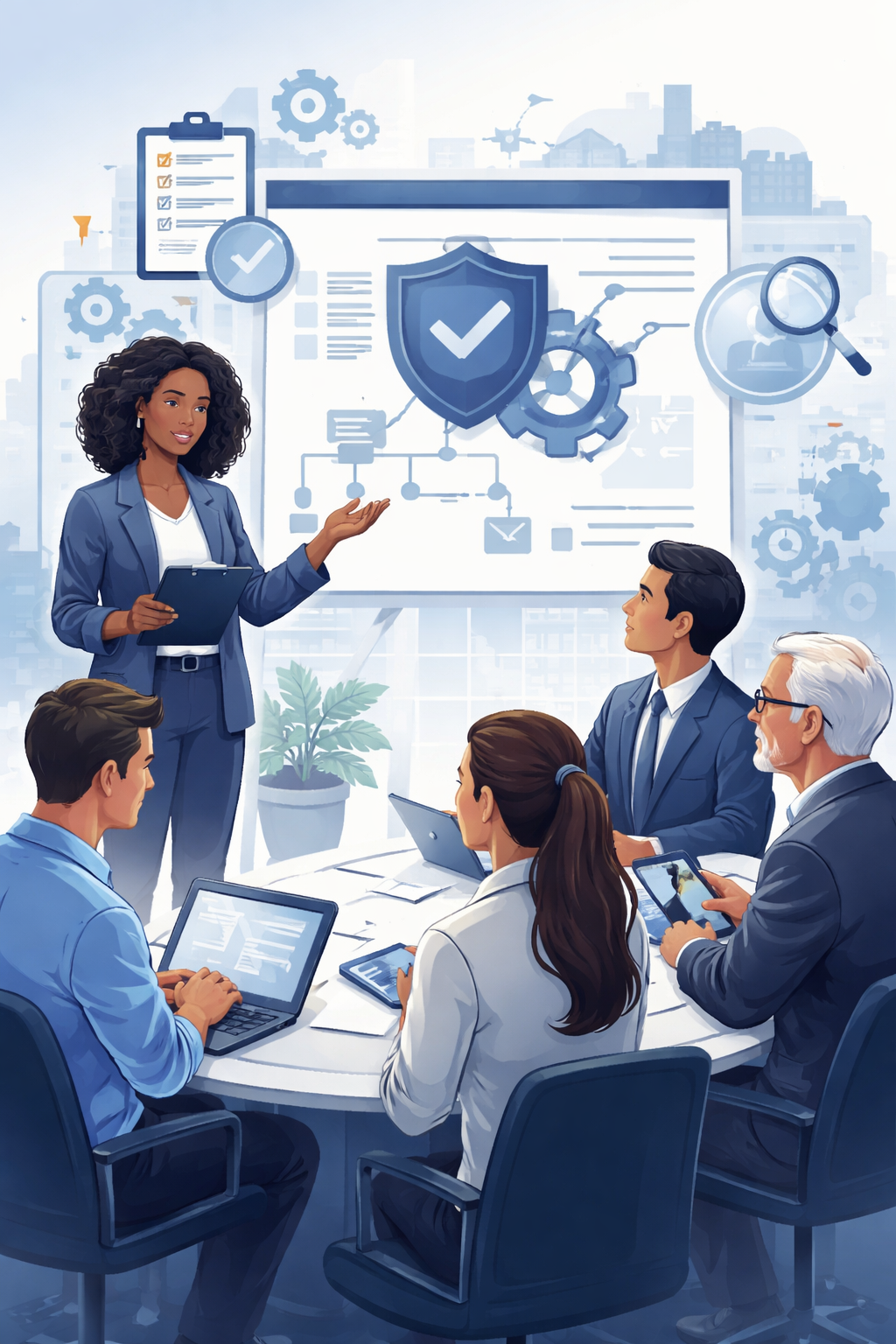 Professional illustrated scene of diverse adult professionals participating in ISO 9001 training workshop with abstract process flow diagrams, checklist symbols, and quality system visuals in a structured corporate setting