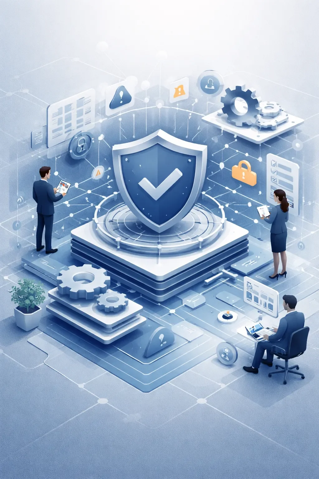 Abstract enterprise risk management system with central shield, layered controls, interconnected processes, and structured governance elements