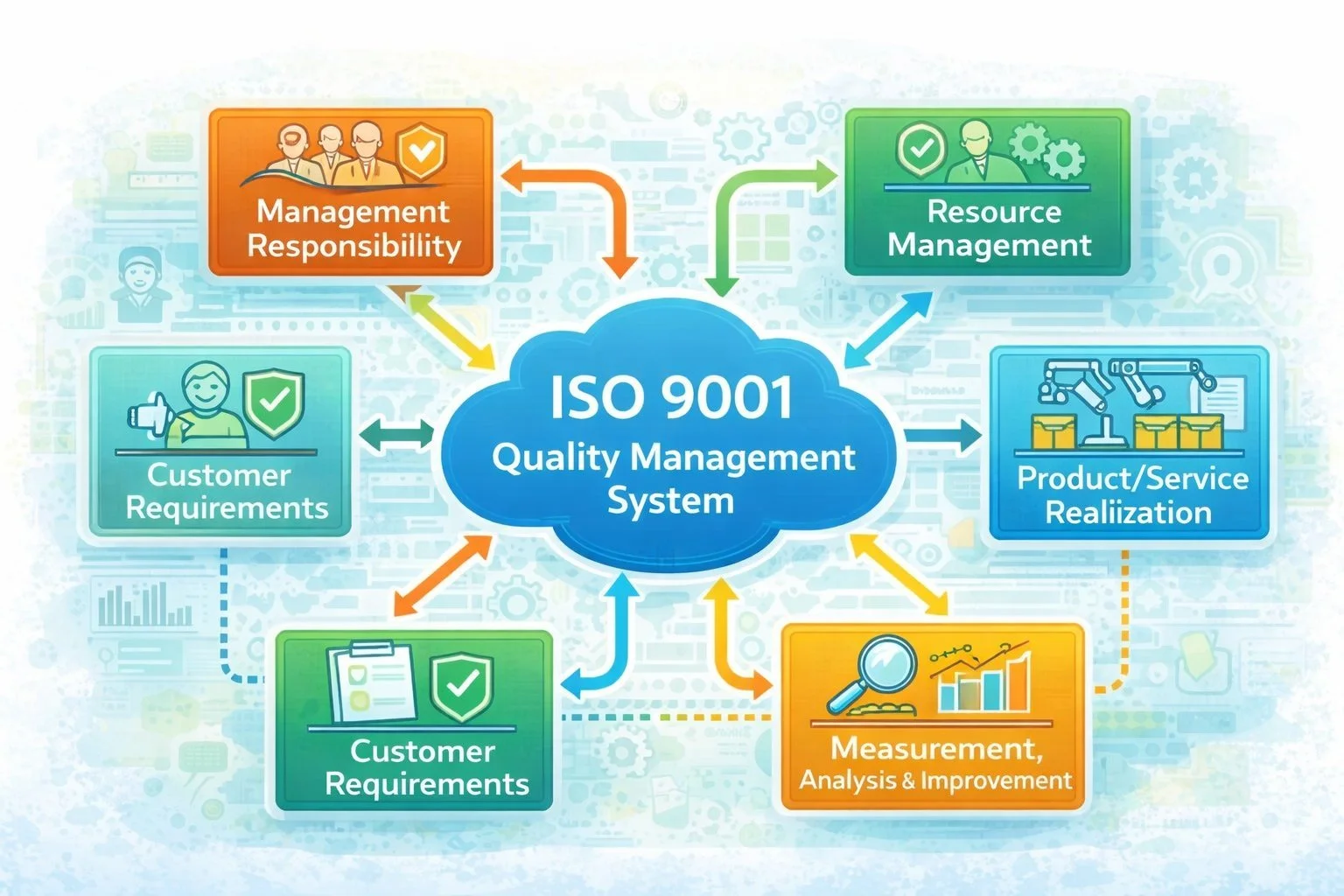 Diagram illustrating ISO 9001 quality management system structure with interconnected process, resource, customer, and performance modules arranged around a central QMS framework.