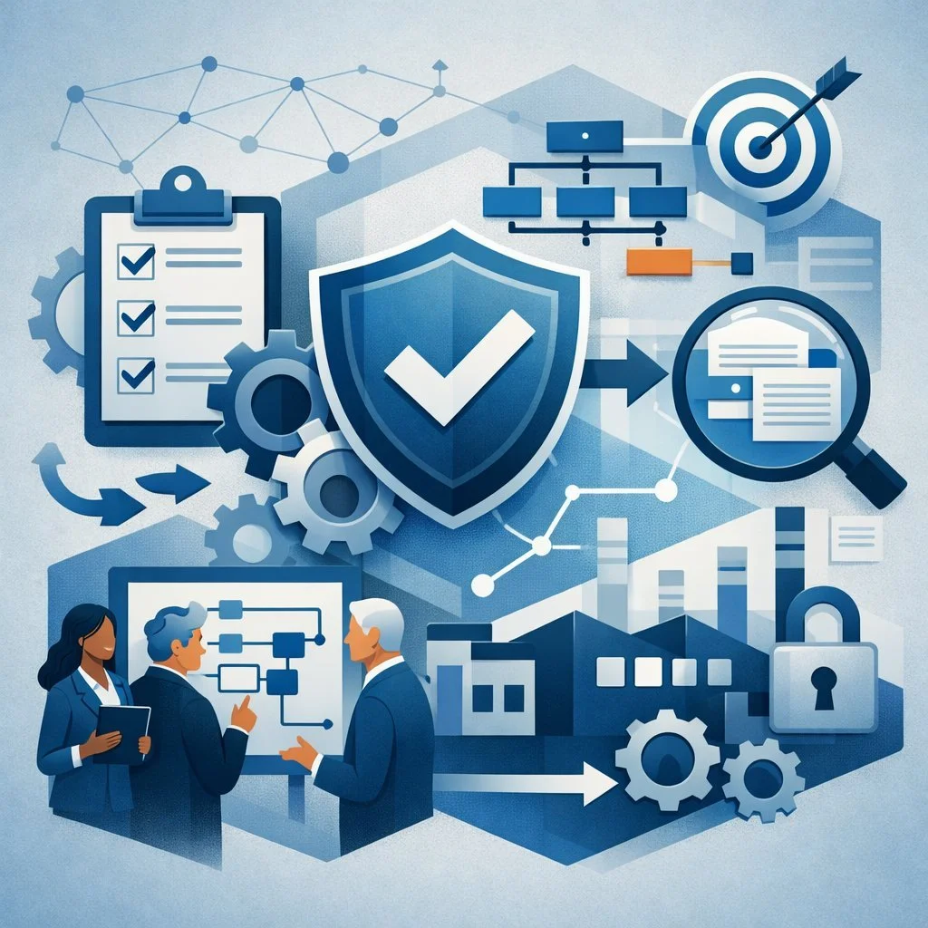 Digital illustration of shield, checklist, gears, and process diagrams representing an ISO 9001 gap assessment and structured quality management system review.